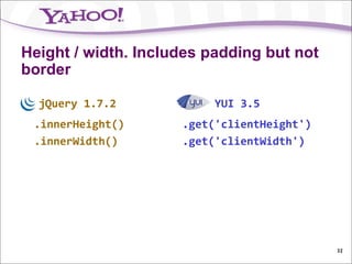 Height / width. Includes padding but not
border

  jQuery 1.7.2            YUI 3.5
 .innerHeight()      .get('clientHeight')
 .innerWidth()       .get('clientWidth')




                                            32
 