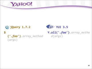 jQuery 1.7.2                YUI 3.5
$                           Y.all('.foo').array_metho
    ('.foo').array_method     d(args)
    (args)




                                                   40
 