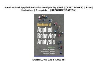 Handbook of Applied Behavior Analysis by {Full | [BEST BOOKS] | Free |
Unlimited | Complete | [RECOMMENDATION]
DONWLOAD LAST PAGE !!!!
Handbook of Applied Behavior Analysis PDF Online Describing the state of the science of applied behavior analysis (ABA), this comprehensive handbook provides detailed information about theory, research, and intervention. The contributors are leading ABA authorities who present best practices in behavioral assessment and demonstrate evidence-based strategies for supporting positive behaviors and reducing problem behaviors. Conceptual, empirical, and procedural building blocks of ABA are reviewed and specific applications described in education, autism treatment, safety skills for children, and other areas. The volume also addresses crucial professional and ethical issues, making it a complete reference and training tool for ABA practitioners and students.
 