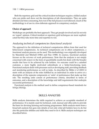198 ❚ HRM processes

  Both the repertory grid and the critical incident techniques require a skilled analyst
who can probe and draw out the descriptions of job characteristics. They are quite
detailed and time-consuming, but even if the full process is not followed, much of the
methodology is of use in a less elaborate approach to competency analysis.

Choice of approach
Workshops are probably the best approach. They get people involved and do not rely
on ‘expert’ opinion. Critical incident or repertory grid techniques are more sophisti-
cated but they take more time and expertise to run.


Analysing technical competencies (functional analysis)
The approach to the definition of technical competencies differs from that used for
behavioural competencies. As technical competencies are in effect competences, a
functional analysis process can be used. This methodology was originally developed
by Mansfield and Mitchell (1986) and Fine (1988). In essence, functional analysis
focuses on the outcomes of work performance. Note that the analysis is not simply
concerned with outputs in the form of quantifiable results but deals with the broader
results that have to be achieved by role holders. An outcome could be a satisfied
customer, a more highly motivated subordinate or a better-functioning team.
Functional analysis deals with processes such as developing staff, providing feedback
and monitoring performance as well as tasks. As described by Miller et al (2001) it
starts with an analysis of the roles fulfilled by an individual in order to arrive at a
description of the separate components or ‘units’ of performance that make up that
role. The resulting units consist of performance criteria, described in terms of
outcomes, and a description of the knowledge and skill requirements that underpin
successful performance.
   Functional analysis is the method used to define competence-based standards for
NVQs/SNVQs.



                                SKILLS ANALYSIS
Skills analysis determines the skills required to achieve an acceptable standard of
performance. It is mainly used for technical, craft, manual and office jobs to provide
the basis for devising learning and training programmes. Skills analysis starts from a
broad job analysis but goes into details of not only what job holders have to do but
also the particular abilities and skills they need to do it. Skills analysis techniques are
described below.
 