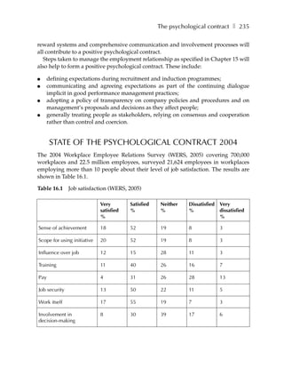 The psychological contract ❚ 235

reward systems and comprehensive communication and involvement processes will
all contribute to a positive psychological contract.
   Steps taken to manage the employment relationship as specified in Chapter 15 will
also help to form a positive psychological contract. These include:

●   defining expectations during recruitment and induction programmes;
●   communicating and agreeing expectations as part of the continuing dialogue
    implicit in good performance management practices;
●   adopting a policy of transparency on company policies and procedures and on
    management’s proposals and decisions as they affect people;
●   generally treating people as stakeholders, relying on consensus and cooperation
    rather than control and coercion.


      STATE OF THE PSYCHOLOGICAL CONTRACT 2004
The 2004 Workplace Employee Relations Survey (WERS, 2005) covering 700,000
workplaces and 22.5 million employees, surveyed 21,624 employees in workplaces
employing more than 10 people about their level of job satisfaction. The results are
shown in Table 16.1.

Table 16.1 Job satisfaction (WERS, 2005)

                             Very        Satisfied    Neither   Dissatisfied   Very
                             satisfied   %            %         %              dissatisfied
                             %                                                 %

Sense of achievement         18          52           19        8              3

Scope for using initiative   20          52           19        8              3

Influence over job           12          15           28        11             3

Training                     11          40           26        16             7

Pay                          4           31           26        28             13

Job security                 13          50           22        11             5

Work itself                  17          55           19        7              3

Involvement in               8           30           39        17             6
decision-making
 