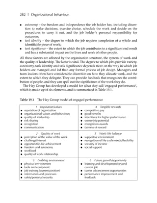282 ❚ Organizational behaviour

●   autonomy – the freedom and independence the job holder has, including discre-
    tion to make decisions, exercise choice, schedule the work and decide on the
    procedures to carry it out, and the job holder’s personal responsibility for
    outcomes;
●   task identity – the degree to which the job requires completion of a whole and
    identifiable piece of work;
●   task significance – the extent to which the job contributes to a significant end result
    and has a substantial impact on the lives and work of other people.
All these factors are affected by the organization structure, the system of work and
the quality of leadership. The latter is vital. The degree to which jobs provide variety,
autonomy, task identity and task significance depends more on the way in which job
holders are managed and led than any formal process of job design. Managers and
team leaders often have considerable discretion on how they allocate work, and the
extent to which they delegate. They can provide feedback that recognizes the contri-
bution of people, and they can spell out the significance of the work they do.
  The Hay Group has developed a model for what they call ‘engaged performance’,
which is made up of six elements, and is summarized in Table 19.1.


Table 19.1 The Hay Group model of engaged performance

              1 Inspiration/values                          4 Tangible rewards
●   reputation of organization                 ●   competitive pay
●   organizational values and behaviours       ●   good benefits
●   quality of leadership                      ●   incentives for higher performance
●   risk sharing                               ●   ownership potential
●   recognition                                ●   recognition awards
●   communication                              ●   fairness of reward

              2 Quality of work                             5 Work–life balance
●   perception of the value of the work        ●   supportive environment
●   challenge/interest                         ●   recognition of life cycle needs/flexibility
●   opportunities for achievement              ●   security of income
●   freedom and autonomy                       ●   social support
●   workload
●   quality of work relationship

            3 Enabling environment                     6 Future growth/opportunity
●   physical environment                       ●   learning and development beyond
●   tools and equipment                            current job
●   job training (current position)            ●   career advancement opportunities
●   information and processes                  ●   performance improvement and
●   safety/personal security                       feedback
 