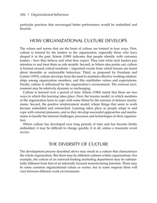 306 ❚ Organizational behaviour

particular practices that encouraged better performance would be embedded and
flourish.



       HOW ORGANIZATIONAL CULTURE DEVELOPS
The values and norms that are the basis of culture are formed in four ways. First,
culture is formed by the leaders in the organization, especially those who have
shaped it in the past. Schein (1990) indicates that people identify with visionary
leaders – how they behave and what they expect. They note what such leaders pay
attention to and treat them as role models. Second, as Schein also points out, culture
is formed around critical incidents – important events from which lessons are learnt
about desirable or undesirable behaviour. Third, as proposed by Furnham and
Gunter (1993), culture develops from the need to maintain effective working relation-
ships among organization members, and this establishes values and expectations.
Finally, culture is influenced by the organization’s environment. The external envi-
ronment may be relatively dynamic or unchanging.
   Culture is learned over a period of time. Schein (1984) stated that there are two
ways in which this learning takes place. First, the trauma model, in which members
of the organization learn to cope with some threat by the erection of defence mecha-
nisms. Second, the positive reinforcement model, where things that seem to work
become embedded and entrenched. Learning takes place as people adapt to and
cope with external pressures, and as they develop successful approaches and mecha-
nisms to handle the internal challenges, processes and technologies in their organiza-
tion.
   Where culture has developed over long periods of time and has become firmly
embedded, it may be difficult to change quickly, if at all, unless a traumatic event
occurs.



                     THE DIVERSITY OF CULTURE
The development process described above may result in a culture that characterizes
the whole organization. But there may be different cultures within organizations. For
example, the culture of an outward-looking marketing department may be substan-
tially different from that of an internally focused manufacturing function. There may
be some common organizational values or norms, but in some respects these will
vary between different work environments.
 