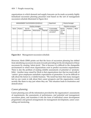 404 ❚ People resourcing

organizations in which demand and supply forecasts can be made accurately, highly
formalized succession planning processes exist based on the sort of management
succession schedule illustrated in Figure 26.4.

        MANAGEMENT SUCCESSION SCHEDULE                      Department             Director/manager:

                             Existing managers                                      Potential successors
 Name    Position     Due for              Rating           If promotable,     Names:    Positions     When
                    replacement   Performance   Potential   to what position   1st and
                                                            and when?          2nd
                                                                               choice




Figure 26.4     Management succession schedule


However, Hirsh (2000) points out that the focus of succession planning has shifted
from identifying successors for posts towards providing for the development of those
successors by creating ‘talent pools’. This is because it is difficult in the changeable
environment in which most organizations exist to predict succession requirements.
There is also the problem of making reliable assessments of potential or ‘promota-
bility’. Another issue raised by Hirsh is that organizations fear that too much talk of
‘careers’ gives employees unrealistic expectations of promotion. It can be difficult to
talk about the future in a volatile business. ‘The result has been that many managers
feel no one wants to talk about their career prospects and the organization would
secretly like them to stay just where they are. This situation leads to frustration and
demotivation.’


Career planning
Career planning uses all the information provided by the organization’s assessments
of requirements, the assessments of performance, and potential and management
succession plans, and translates it into the form of individual career development
programmes and general arrangements for management development, career coun-
selling and mentoring.
 