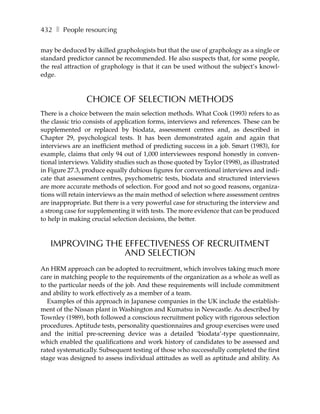 432 ❚ People resourcing

may be deduced by skilled graphologists but that the use of graphology as a single or
standard predictor cannot be recommended. He also suspects that, for some people,
the real attraction of graphology is that it can be used without the subject’s knowl-
edge.



                 CHOICE OF SELECTION METHODS
There is a choice between the main selection methods. What Cook (1993) refers to as
the classic trio consists of application forms, interviews and references. These can be
supplemented or replaced by biodata, assessment centres and, as described in
Chapter 29, psychological tests. It has been demonstrated again and again that
interviews are an inefficient method of predicting success in a job. Smart (1983), for
example, claims that only 94 out of 1,000 interviewees respond honestly in conven-
tional interviews. Validity studies such as those quoted by Taylor (1998), as illustrated
in Figure 27.3, produce equally dubious figures for conventional interviews and indi-
cate that assessment centres, psychometric tests, biodata and structured interviews
are more accurate methods of selection. For good and not so good reasons, organiza-
tions will retain interviews as the main method of selection where assessment centres
are inappropriate. But there is a very powerful case for structuring the interview and
a strong case for supplementing it with tests. The more evidence that can be produced
to help in making crucial selection decisions, the better.



   IMPROVING THE EFFECTIVENESS OF RECRUITMENT
                 AND SELECTION
An HRM approach can be adopted to recruitment, which involves taking much more
care in matching people to the requirements of the organization as a whole as well as
to the particular needs of the job. And these requirements will include commitment
and ability to work effectively as a member of a team.
   Examples of this approach in Japanese companies in the UK include the establish-
ment of the Nissan plant in Washington and Kumatsu in Newcastle. As described by
Townley (1989), both followed a conscious recruitment policy with rigorous selection
procedures. Aptitude tests, personality questionnaires and group exercises were used
and the initial pre-screening device was a detailed ‘biodata’-type questionnaire,
which enabled the qualifications and work history of candidates to be assessed and
rated systematically. Subsequent testing of those who successfully completed the first
stage was designed to assess individual attitudes as well as aptitude and ability. As
 