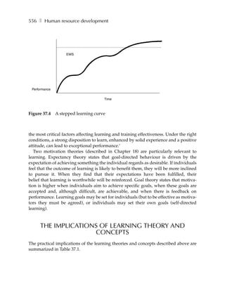 556 ❚ Human resource development




                    EWS




 Performance


                                       Time



Figure 37.4    A stepped learning curve



the most critical factors affecting learning and training effectiveness. Under the right
conditions, a strong disposition to learn, enhanced by solid experience and a positive
attitude, can lead to exceptional performance.’
   Two motivation theories (described in Chapter 18) are particularly relevant to
learning. Expectancy theory states that goal-directed behaviour is driven by the
expectation of achieving something the individual regards as desirable. If individuals
feel that the outcome of learning is likely to benefit them, they will be more inclined
to pursue it. When they find that their expectations have been fulfilled, their
belief that learning is worthwhile will be reinforced. Goal theory states that motiva-
tion is higher when individuals aim to achieve specific goals, when these goals are
accepted and, although difficult, are achievable, and when there is feedback on
performance. Learning goals may be set for individuals (but to be effective as motiva-
tors they must be agreed), or individuals may set their own goals (self-directed
learning).



      THE IMPLICATIONS OF LEARNING THEORY AND
                     CONCEPTS
The practical implications of the learning theories and concepts described above are
summarized in Table 37.1.
 