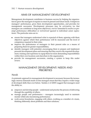 592 ❚ Human resource development


            AIMS OF MANAGEMENT DEVELOPMENT
Management development contributes to business success by helping the organiza-
tion to grow the managers it requires to meet its present and future needs. It improves
managers’ performance, gives them development opportunities, and provides for
management succession. Development processes may be anticipatory (so that
managers can contribute to long-term objectives), reactive (intended to resolve or pre-
empt performance difficulties) or motivational (geared to individual career aspira-
tions). The particular aims are to:

●   ensure that managers understand what is expected of them; agreeing with them
    objectives against which their performance will be measured and the level of
    competence required in their roles;
●   improve the performance of managers in their present roles as a means of
    preparing them for greater responsibilities;
●   identify managers with potential, encouraging them to prepare and implement
    personal development plans and ensuring that they receive the required develop-
    ment, training and experience to equip them for more demanding responsibilities
    within their own locations and elsewhere in the organization;
●   provide for management succession, creating a system to keep this under
    review.



         MANAGEMENT DEVELOPMENT: NEEDS AND
                     PRIORITIES
Needs
A systematic approach to management development is necessary because the increas-
ingly onerous demands made on line managers mean that they require a wider range
of developed skills than ever before. Tamkin et al (2003) suggest that managers need
the ability to:

●   empower and develop people – understand and practise the process of delivering
    through the capability of others;
●   manage people and performance – managers increasingly need to maintain
    morale whilst also maximizing performance;
●   work across boundaries, engaging with others, working as a member of a team,
    thinking differently about problems and their solutions;
 