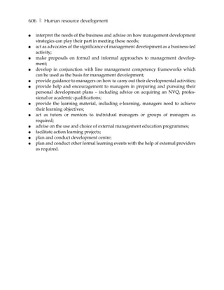 606 ❚ Human resource development

●   interpret the needs of the business and advise on how management development
    strategies can play their part in meeting these needs;
●   act as advocates of the significance of management development as a business-led
    activity;
●   make proposals on formal and informal approaches to management develop-
    ment;
●   develop in conjunction with line management competency frameworks which
    can be used as the basis for management development;
●   provide guidance to managers on how to carry out their developmental activities;
●   provide help and encouragement to managers in preparing and pursuing their
    personal development plans – including advice on acquiring an NVQ, profes-
    sional or academic qualifications;
●   provide the learning material, including e-learning, managers need to achieve
    their learning objectives;
●   act as tutors or mentors to individual managers or groups of managers as
    required;
●   advise on the use and choice of external management education programmes;
●   facilitate action learning projects;
●   plan and conduct development centre;
●   plan and conduct other formal learning events with the help of external providers
    as required.
 