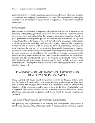 612 ❚ Human resource development

performance improvement programmes, personal development plans and learning
contracts that lead to jointly determined action plans. The emphasis is on identifying
learning needs for continuous development or to produce specific improvements in
performance.


Role analysis
Role analysis is the basis for preparing role profiles that provide a framework for
analysing and identifying learning needs. Role profiles set out the key result areas of
the role but, importantly, also define the competencies required to perform the role. A
good performance management process will ensure that role profiles are updated
regularly and the performance review will be built round an analysis of the results
achieved by reference to the key result areas and agreed objectives. The competency
framework for the role is used to assess the level of competency displayed in
achieving, or as the case may be, not achieving those results. An assessment can then
be made of any learning required to develop levels of competency. Ideally, this should
be a self-assessment by individuals, who should be given every encouragement to
identify learning needs themselves. But these can be discussed with the individuals’
manager and agreement reached on how the learning needs should be met, by the
individuals through self-managed learning, and/or with the help and support of
their managers. The output of role analysis could be a learning specification, as illus-
trated in Figure 41.2.



     PLANNING AND IMPLEMENTING LEARNING AND
            DEVELOPMENT PROGRAMMES
Every learning and development programme needs to be designed individually,
and the design will continually evolve as new learning needs emerge, or when feed-
back indicates that changes are required. It is essential to consider carefully the
objectives of the programme and to express these in the form of what behaviour
is expected from those involved in the workplace (terminal behaviour). When
planning a learning event, the process used should match the desired objectives for
the event.


The basis of learning and development programmes
The planning and implementation of learning and development programmes is
based on an understanding of learning needs. A training survey conducted in 2005
 