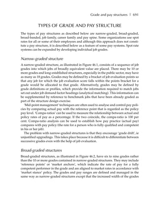 Grade and pay structures ❚ 691


             TYPES OF GRADE AND PAY STRUCTURE
The types of pay structures as described below are narrow-graded, broad-graded,
broad-banded, job family, career family and pay spine. Some organizations use spot
rates for all or some of their employees and although this approach does not consti-
tute a pay structure, it is described below as a feature of some pay systems. Spot rate
systems can be expanded by developing individual job grades.


Narrow-graded structure
A narrow-graded structure, as illustrated in Figure 46.1, consists of a sequence of job
grades into which jobs of broadly equivalent value are placed. There may be 10 or
more grades and long-established structures, especially in the public sector, may have
as many as 18 grades. Grades may be defined by a bracket of job evaluation points so
that any job for which the job evaluation score falls within the points bracket for a
grade would be allocated to that grade. Alternatively, grades may be defined by
grade definitions or profiles, which provide the information required to match jobs
set out under job demand factor headings (analytical matching). This information can
be supplemented by reference to benchmark jobs that have been already graded as
part of the structure design exercise.
   ‘Mid-point management’ techniques are often used to analyse and control pay poli-
cies by comparing actual pay with the reference point that is regarded as the policy
pay level. ‘Compa-ratios’ can be used to measure the relationship between actual and
policy rates of pay as a percentage. If the two coincide, the compa-ratio is 100 per
cent. Compa-ratio analysis can be used to establish how pay practice (actual pay)
compares with pay policy (the rate for a person who is fully qualified and competent
in his or her job).
   The problem with narrow-graded structures is that they encourage ‘grade drift’, ie
unjustified upgradings. This takes place because it is difficult to differentiate between
successive grades even with the help of job evaluation.


Broad-graded structures
Broad-graded structures, as illustrated in Figure 46.2, have six to nine grades rather
than the 10 or more grades contained in narrow-graded structures. They may include
‘reference points’ or ‘market anchors’, which indicate the rate of pay for a fully
competent performer in the grade and are aligned to market rates in accordance with
‘market stance’ policy. The grades and pay ranges are defined and managed in the
same way as narrow-graded structures except that the increased width of the grades
 