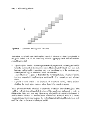 692 ❚ Rewarding people




                £




Figure 46.1   A narrow, multi-graded structure



means that organizations sometimes introduce mechanisms to control progression in
the grade so that staff do not inevitably reach its upper pay limit. The mechanisms
available consist of:

●   Reference point control – scope is provided for progression according to compe-
    tence by increments to the reference point. Thereafter, individuals may earn cash
    bonuses for high achievement that may be consolidated up to the maximum pay
    for the grade if high achievement levels are sustained.
●   Threshold control – a point is defined in the pay range beyond which pay cannot
    increase unless individuals achieve a defined level of competence and achieve-
    ment.
●   Segment or zone control – an extension of threshold control, which involves
    dividing the grade into a number (often three) of segments or zones.

Broad-graded structures are used to overcome or at least alleviate the grade drift
problem endemic in multi-graded structures. If the grades are defined, it is easier to
differentiate them, and matching (comparing role profiles with grade definitions or
profiles to find the best fit) becomes more accurate. But it may be difficult to control
progression and this would increase the costs of operating them, although these costs
could be offset by better control of grade drift.
 