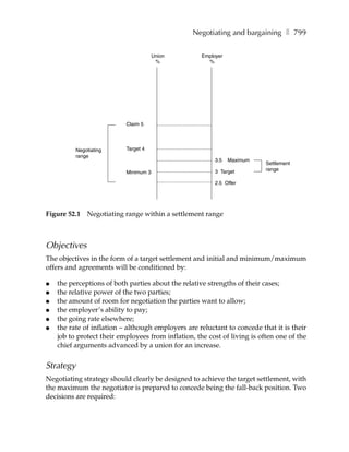 Negotiating and bargaining ❚ 799

                                       Union         Employer
                                        %              %




                           Claim 5




          Negotiating      Target 4
          range
                                                          3.5   Maximum
                                                                           Settlement
                                                          3 Target         range
                           Minimum 3

                                                          2.5 Offer




Figure 52.1   Negotiating range within a settlement range



Objectives
The objectives in the form of a target settlement and initial and minimum/maximum
offers and agreements will be conditioned by:

●   the perceptions of both parties about the relative strengths of their cases;
●   the relative power of the two parties;
●   the amount of room for negotiation the parties want to allow;
●   the employer’s ability to pay;
●   the going rate elsewhere;
●   the rate of inflation – although employers are reluctant to concede that it is their
    job to protect their employees from inflation, the cost of living is often one of the
    chief arguments advanced by a union for an increase.


Strategy
Negotiating strategy should clearly be designed to achieve the target settlement, with
the maximum the negotiator is prepared to concede being the fall-back position. Two
decisions are required:
 