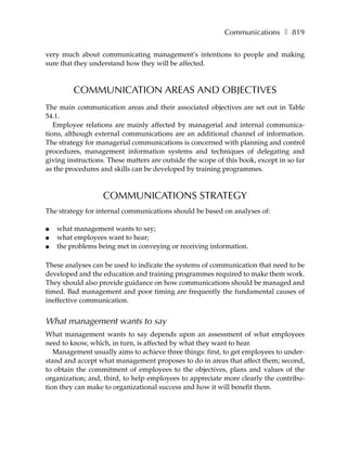 Communications ❚ 819

very much about communicating management’s intentions to people and making
sure that they understand how they will be affected.



         COMMUNICATION AREAS AND OBJECTIVES
The main communication areas and their associated objectives are set out in Table
54.1.
   Employee relations are mainly affected by managerial and internal communica-
tions, although external communications are an additional channel of information.
The strategy for managerial communications is concerned with planning and control
procedures, management information systems and techniques of delegating and
giving instructions. These matters are outside the scope of this book, except in so far
as the procedures and skills can be developed by training programmes.



                   COMMUNICATIONS STRATEGY
The strategy for internal communications should be based on analyses of:

●   what management wants to say;
●   what employees want to hear;
●   the problems being met in conveying or receiving information.

These analyses can be used to indicate the systems of communication that need to be
developed and the education and training programmes required to make them work.
They should also provide guidance on how communications should be managed and
timed. Bad management and poor timing are frequently the fundamental causes of
ineffective communication.


What management wants to say
What management wants to say depends upon an assessment of what employees
need to know, which, in turn, is affected by what they want to hear.
   Management usually aims to achieve three things: first, to get employees to under-
stand and accept what management proposes to do in areas that affect them; second,
to obtain the commitment of employees to the objectives, plans and values of the
organization; and, third, to help employees to appreciate more clearly the contribu-
tion they can make to organizational success and how it will benefit them.
 