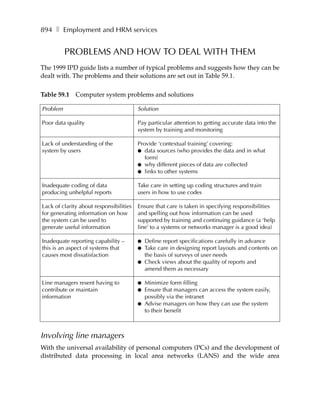 894 ❚ Employment and HRM services


          PROBLEMS AND HOW TO DEAL WITH THEM
The 1999 IPD guide lists a number of typical problems and suggests how they can be
dealt with. The problems and their solutions are set out in Table 59.1.

Table 59.1 Computer system problems and solutions

Problem                                  Solution

Poor data quality                        Pay particular attention to getting accurate data into the
                                         system by training and monitoring

Lack of understanding of the             Provide ‘contextual training’ covering:
system by users                          ● data sources (who provides the data and in what
                                            form)
                                         ● why different pieces of data are collected
                                         ● links to other systems


Inadequate coding of data                Take care in setting up coding structures and train
producing unhelpful reports              users in how to use codes

Lack of clarity about responsibilities   Ensure that care is taken in specifying responsibilities
for generating information on how        and spelling out how information can be used
the system can be used to                supported by training and continuing guidance (a ‘help
generate useful information              line’ to a systems or networks manager is a good idea)

Inadequate reporting capability –        ●   Define report specifications carefully in advance
this is an aspect of systems that        ●   Take care in designing report layouts and contents on
causes most dissatisfaction                  the basis of surveys of user needs
                                         ●   Check views about the quality of reports and
                                             amend them as necessary

Line managers resent having to           ●   Minimize form filling
contribute or maintain                   ●   Ensure that managers can access the system easily,
information                                  possibly via the intranet
                                         ●   Advise managers on how they can use the system
                                             to their benefit



Involving line managers
With the universal availability of personal computers (PCs) and the development of
distributed data processing in local area networks (LANS) and the wide area
 