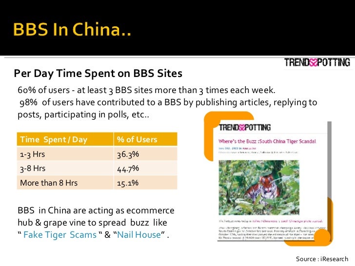 BBS  in China are acting as ecommerce hub & grape vine to spread  buzz  like  “  Fake Tiger  Scams  “ & “ Nail House ” . P...