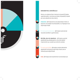 BAROMETRUL ADEVĂRULUI 
Pentru ca subiectul fact-checkuit să poată fi înțeles rapid de public, concluzia va trebui să poată fi notată pe scara adevărului (tip Likert). 
Adevărat: afirmația de la care pleacă fact-check-ul este de o acuratețe incontestabilă, nu îi lipsește nicio informație vitală. 
În mare parte adevărat: afirmația e precisă dar necesită clarificări suplimentare. 
Nici fals, dar nici adevărat – afirmația e parțial adevărată (sau falsă) pentru că omite detalii importante sau scoate lucrurile din context. 
În mare parte fals: afirmația conține elemente adevărate însă ignoră informații vitale care ar influența percepția finală. 
Fals: afirmația este totalmente incorectă factual.  