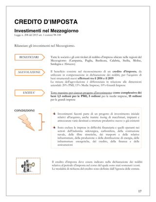 17
CREDITO D’IMPOSTA
Investimenti nel Mezzogiorno
Legge n. 208 del 2015 art. 1 commi 98-108
Rilanciare gli investimenti ne...