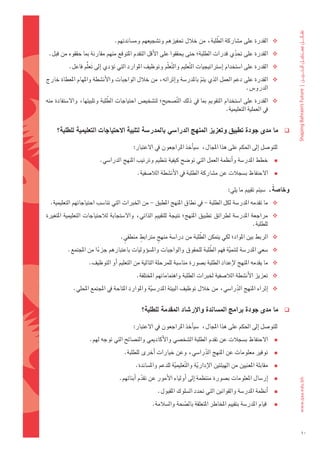 ‫َّ‬
                                ‫‪ ‬القدرة	على	م�ضاركة	الطلبة،	من	خالل	حتفيزهم	وت�ضجيعهم	وم�ضاندتهم.‬

                                                                                  ‫ِّ‬
 ‫‪ ‬القدرة	على	حتدي	قدرات	الطلبة؛	حتى	يحققوا	على	الأقل	التقدم	املتوقع	منهم	مقارنة	مبا	حققوه	من	قبل.‬
          ‫‪ ‬القدرة	على	ا�ضتخدام	اإ�ضرتاتيجيات	ال َّتعليم	وال َّتعلّم	وتوظيف	املوارد	التي	توؤدي	اإىل	تع ُلّم	فاعل.‬
                      ‫َ‬
‫‪ ‬القدرة	على	دعم	العمل	الذي	يتم	باملدر�ضة	واإثرائه،	من	خالل	الواجبات	والأن�ضطة	واملهام	املعطاة	خارج	‬
                                                                     ‫ّ‬
                                                                                        ‫الدرو�س.‬
                             ‫َّ‬
‫‪ ‬القدرة	على	ا�ضتخدام	التقومي	مبا	يف	ذلك	ال َّت�ضحيح؛	لت�ضخي�س	احتياجات	الطلبة	وتلبيتها،	وال�ضتفادة	منه	‬
                                                                                   ‫يف	العملية	التعليمية.‬


     ‫ما	مدى	جودة	تطبيق	وتعزيز	املنهج	الدرا�شي	باملدر�شة	لتلبية	االحتياجات	التعليمية	للطلبة؟‬                           ‫‪‬‬

                                         ‫									للتو�ضل	اإىل	احلكم	على	هذا	املجال،		�ضياأخذ	املراجعون	يف	العتبار:‬
                         ‫خطط	املدر�ضة	واأنظمة	العمل	التي	تو�ضح	كيفية	تنظيم	وترتيب	املنهج	الدرا�ضي.‬  ‫‪‬‬
                                           ‫‪ ‬الحتفاظ	ب�ضجالت	عن	م�ضاركة	الطلبة	يف	الأن�ضطة	الال�ضفية.‬

                                                                                                                ‫ً‬
                                                                                          ‫وخا�شة،		�ضيتم	تقييم	ما	يلي:‬
  ‫‪ ‬ما	تقدمه	املدر�ضة	لكل	الطلبة	-	يف	نطاق	املنهج	املطبق	-	من	اخلربات	التي	تنا�ضب	احتياجاتهم	التعليمية.‬
‫‪ ‬مراجعة	املدر�ضة	لطرائق	تطبيق	املنهج؛	نتيجة	للتقييم	الذاتي،	وال�ضتجابة	لالحتياجات	التعليمية	املتغرية	‬
                                                                                              ‫للطلبة.‬
                                          ‫ٍ‬                        ‫َّ‬
                                   ‫‪ ‬الربط	بني	املواد؛	لكي	يتمكن	الطلبة	من	درا�ضة	منهج	مرتابط	منطقي.‬
                                    ‫ٍ‬            ‫ٍ‬

                       ‫ً‬                                               ‫َّ‬
          ‫‪� ‬ضعي	املدر�ضة	لتنمية	فهم	الطلبة	للحقوق	والواجبات	وامل�ضوؤوليات	باعتبارهم	جزءا	من	املجتمع.‬
                                                                                ‫ّ‬
                   ‫‪ ‬ما	يقدمه	املنهج	لإعداد	الطلبة	ب�ضورة	منا�ضبة	للمرحلة	التالية	من	التعليم	اأو	التوظيف.‬
                                           ‫‪ ‬تعزيز	الأن�ضطة	الال�ضفية	خلربات	الطلبة	واهتماماتهم	املختلفة.‬

                                                                                     ‫ِّ‬
           ‫‪ ‬اإثراء	املنهج	الدرا�ضي،	من	خالل	توظيف	البيئة	املدر�ضية	واملوارد	املتاحة	يف	املجتمع	املحلي.	‬
                                                 ‫ّ‬

                                              ‫ما	مدى	جودة	برامج	امل�شاندة	واالإر�شاد	املقدمة	للطلبة؟‬                  ‫‪‬‬

                                         ‫									للتو�ضل	اإىل	احلكم	على	هذا	املجال،		�ضياأخذ	املراجعون	يف	العتبار:‬
                    ‫الحتفاظ	ب�ضجالت	عن	تقدم	الطلبة	ال�ضخ�ضي	والأكادميي	والن�ضائح	التي	توجه	لهم.‬                   ‫‪‬‬
                                                                    ‫ِّ‬
                                     ‫توفري	معلومات	عن	املنهج	الدرا�ضي،	وعن	خيارات	اأخرى	للطلبة.‬                   ‫‪‬‬
                                          ‫مقابلة	املعنيني	من	الهيئتني	الإدارية	وال َّتعليمية	للدعم	وامل�ضاندة.	‬
                                                              ‫ّ‬             ‫ّ‬                                     ‫‪‬‬
                                  ‫اإر�ضال	املعلومات	ب�ضورة	منتظمة	اإىل	اأولياء	الأمور	عن	تقدم	اأبنائهم.‬
                                             ‫ّ‬                                                                    ‫‪‬‬
                                                      ‫اأنظمة	املدر�ضة	والقوانني	التي	حتدد	ال�ضلوك	املقبول.‬        ‫‪‬‬
                                                   ‫	قيام	املدر�ضة	بتقييم	املخاطر	املتعلقة	بال�ضحة	وال�ضالمة.‬
                                                                 ‫ّ‬                                                ‫‪‬‬


                                                                                                                          ‫01‬
 