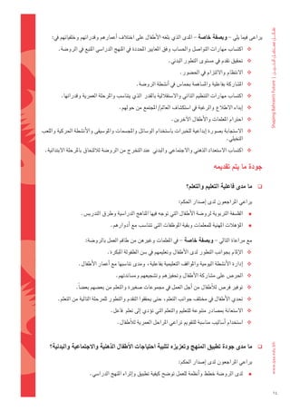 ‫يراعى	فيما	يلي	-	وب�شفة	خا�شة	-	املدى	الذي	بلغه	الأطفال	على	اختالف	اأعمارهم	وقدراتهم	وخلفياتهم	يف:‬
        ‫‪ ‬اكت�ضاب	مهارات	التوا�ضل	واحل�ضاب	وفق	املعايري	املحددة	يف	املنهج	الدرا�ضي	املتبع	يف	الرو�ضة.‬
                                                              ‫‪ ‬حتقيق	تقدم	يف	م�ضتوى	التطور	البدين.‬
                                                                    ‫‪ ‬النتظام	واللتزام	يف	احل�ضور.‬
                                              ‫‪ ‬امل�ضاركة	بفاعلية	وامل�ضاهمة	بحما�س	يف	اأن�ضطة	الرو�ضة.‬
         ‫‪ ‬اكت�ضاب	مهارات	التنظيم	الذاتي	وال�ضتقاللية	بالقدر		الذي	يتنا�ضب	واملرحلة	العمرية	وقدراتها.‬
                                      ‫‪ ‬اإبداء	الطالع	والرغبة	يف	ا�ضتك�ضاف	العامل/	املجتمع	من	حولهم.‬
                                                               ‫‪ ‬احرتام	املعلمات	والأطفال	الآخرين.‬
‫‪ ‬ال�ضتجابة	ب�ضورة	اإبداعية	للخربات	با�ضتخدام	الو�ضائل	واملج�ضمات	واملو�ضيقى	والأن�ضطة	احلركية	واللعب	‬
                                                                                            ‫التخيلي.‬
 ‫‪ ‬اكت�ضاب	ال�ضتعداد	الذهني	والجتماعي	والبدين		عند	التخرج	من	الرو�ضة	لاللتحاق	باملرحلة	البتدائية.‬

                                                                                     ‫جودة	ما	يتم	تقدميه‬

                                                                       ‫ما	مدى	فاعلية	التعليم	والتعلم؟‬      ‫‪‬‬

                                                                   ‫يراعي	املراجعون	لدى	اإ�ضدار	احلكم:‬      ‫	‬
                   ‫الفل�ضفة	الرتبوية	لرو�ضة	الأطفال	التي	توجه	فيها	املناهج	الدرا�ضية	وطرق	التدري�س.‬   ‫‪‬‬
                                 ‫‪ ‬املوؤهالت	املهنية	للمعلمات	وبقية	املوظفات	التي	تتنا�ضب	مع	اأدوارهم.	‬

                     ‫مع	مراعاة	التايل	-	وب�شفة	خا�شة	-	يف	املعلمات	وغريهن	من	طاقم	العمل	بالرو�ضة:‬          ‫	‬
                                ‫‪ ‬الإملام	بجوانب	التطور	لدى	الأطفال	وتعليمهم	يف	�ضن	الطفولة	املبكرة.‬
                  ‫‪ ‬اإدارة	الأن�ضطة	اليومية	واملواقف	التعليمية	بفاعلية،	ومدى	تنا�ضبها	مع	اأعمار	الأطفال.‬
                                    ‫‪ ‬احلر�س	على	م�ضاركة	الأطفال	وحتفيزهم	وت�ضجيعهم	وم�ضاندتهم.‬
                ‫‪ ‬توفري	فر�س	لالأطفال	من	اأجل	العمل	يف	جمموعات	�ضغرية	والتعلم	من	بع�ضهم	بع�ضاً.‬
        ‫‪ ‬حتدي	الأطفال	يف	خمتلف	جوانب	التعلم،	حتى	يحققوا	التقدم	والتطور	للمرحلة	التالية	من	التعلم.‬
                                 ‫‪ ‬ال�ضتعانة	مب�ضادر	متنوعة	للتعليم	والتعلم	التي	توؤدي	اإىل	تعلم		فاعل.‬
                                     ‫‪ ‬ا�ضتخدام	اأ�ضاليب	منا�ضبة	للتقومي	تراعي	املراحل	العمرية	لالأطفال.‬


    ‫ما	مدى	جودة	تطبيق	املنهج	وتعزيزه	لتلبية	احتياجات	االأطفال	الذهنية	واالجتماعية	والبدنية؟‬                ‫‪‬‬

                                                                   ‫يراعي	املراجعون	لدى	اإ�ضدار	احلكم:‬      ‫	‬
                      ‫لدى	الرو�ضة	خطط	واأنظمة	للعمل	تو�ضح	كيفية	تطبيق	واإثراء	املنهج	الدرا�ضي.	‬       ‫‪‬‬

                                                                                                               ‫41‬
 