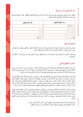 ‫عدد	املراجعني	واأيام	املراجعة‬

‫يتوقف	عدد	املراجعني	يف	الفريق	على	حجم	املدر�ضة	اأو	الرو�ضة	وعلى	الفئة	العمرية	للطلبة.	كما	اأن	عملية	املراجعة	‬
                                                                  ‫متتد	عادة	ملدة	ثالثة	اأيام	وفقاً	لالإر�ضادات	التالية:‬

                     ‫عدد	املراجعني‬                                                           ‫َّ‬
                                                                                 ‫عدد	الطلبة/االأطفال‬
                                                          ‫3‬                                                  ‫002	اأو	اأقل‬
                                                     ‫4	-	5‬                                                  ‫102 – 005‬
                                                     ‫5	-	7‬                                                ‫105 – 0011‬
                                                   ‫8	-	01‬                                               ‫0011 – 0002‬
                                               ‫11	اأو	اأكرث‬                                              ‫اأكرث	من	0002‬


                                                                                                      ‫توزيع	املراجعني‬

‫�ضيتوىل	كل	ع�ضو	من	اأع�ضاء	فريق	املراجعة	م�ضوؤولية	اأحد	جوانب	عملية	املراجعة،	ولكنهم	�ضيعملون	معاً	جنباً	اإىل	‬
                                       ‫جنب،	حيث	�ضت�ضدر	الأحكام	الرئي�ضة	عن	املدر�ضة/الرو�ضة	ب�ضكل	جماعي.‬
                                                                                 ‫َّ‬

‫يف	 بع�س	 الأحيان	 قد	 يرافق	 فرق	 املراجعة	 عدد	 من	 املالحظني	 على	 األ	 يكون	 لهم	 دور	 يف	 اإ�ضدار	 الأحكام	 اأو	‬
                                                                                                         ‫التو�ضيات.	‬


                                                                                            ‫ا�شتمارة	التقييم	الذاتي‬
‫اإن	ا�ضتمارة	التقييم	الذاتي(‪		)SEF‬هي	امل�ضتند	الأ�ضا�س	يف	عملية	املراجعة.	و�ضيتم	تدريب	مدراء	املدار�س/	ريا�س	‬
                                ‫ّ‬                                                                             ‫َّ‬
‫الأطفال	وكبار	منت�ضبيها	على	تعبئتها.	ولعل	اإحدى	النتائج	امل�ضتهدفة	من	مراجعة	املدر�ضة	اأو	الرو�ضة	هي	م�ضاعدتهم	‬
             ‫على	معرفة	الأدلة	الأ�ضا�ضية	التي	�ضيتم	ا�ضتخدامها	يف	تقييم	اإجنازات	املدر�ضة/الرو�ضة	وكل	ما	تقدمه.‬
                 ‫ّ‬                                                         ‫ّ‬          ‫ّ‬

 ‫تعد	ا�ضتمارة	التقييم	الذاتي	امل�ضتند	الرئي�س	عند	ال َّتخطيط	للمراجعة.	وهي	املورد	الرئي�ضي	للدللة	على	فاعلية	املدر�ضة/‬
                                                                                                                   ‫ُ ّ‬
‫الرو�ضة،	وتقوم	بدور	املوؤ�رش	 اإىل	الأدلة	الأخرى	التي	يجب	جمعها	 اأثناء	املراجعة.	ومتنح	ا�ضتمارة	التقييم	الذاتي	‬
‫موؤ�رشا	خا�ضا	عن	مقدرة	القادة	واملديرين	على	تقييم	مدار�ضهم	 اأو	ريا�ضهم	ذاتياً	بدقة	وفاعلية	ومو�ضوعية،	على	‬
         ‫َّ‬                                                                                               ‫ً‬     ‫ً‬
‫اأن	تكون	ال�ضورة	وا�ضحة	لهم	بخ�ضو�س	ما	يجب	حت�ضينه	وتطويره.	وهناك	موؤ�رشان	قويان	لقدرة	املدر�ضة	على	‬
                         ‫ّ‬      ‫ّ‬
   ‫اإحراز	املزيد	من		ال َّتح�ضن	والتطوير،	هما	التقييم	الذاتي	املنتظم	والدقيق	و�ضجل	ال ّتح�ضينات	للمدر�ضة	اأو	الرو�ضة.‬
                                                                                             ‫ُّ‬

‫خالل	املراجعة،	واأثناء	اإجراء	املناق�ضات	مع	املديرين	واملعلمني،	�ضي�ضتخدم	املراجعون	ا�ضتمارة	التقييم	الذاتي	لتذكري	‬
‫اأع�ضاء	املدر�ضة/الرو�ضة	مبحتوياتها	ولل َّتعرف	على	كيفية	و�ضول	املدر�ضة/الرو�ضة	اإىل	ا�ضتنتاجات	مع ِّينة،	وكذلك	‬
                                                                        ‫ّ‬
‫ا�ضتخدامها	لالعرتا�س	على	ال�ضتنتاجات	يف	�ضوء	اأية	اأدلة	مبا�رشة	تبداأ	بالظهور،	ول�ضتك�ضاف	اإن	كانت	هناك	اأدلة	‬
‫اأخرى	متوافرة	مل�ضاندة	ا�ضتنتاجاتها.	ويقع	عبء	الإثبات	على	املدر�ضة/الرو�ضة	ب�ضاأن	دعواها	يف	ا�ضتمارة	التقييم	‬
                                                                                                            ‫الذاتي.‬

                               ‫�ضيتم	تقدمي	الإر�ضادات	اأثناء	تعبئة	ا�ضتمارة	التقييم	الذاتي،	اإل	اأن	املبداأ	الأ�ضا�س	هو	اأن:‬
                                                                                                                       ‫ّ‬
                                  ‫ا�ضتمارة	التقييم	الذاتي	تتبع	نف�س	الإطار	العام	ملراجعة	املدار�س	وريا�س	الأطفال.‬


                                                                                                                               ‫02‬
 