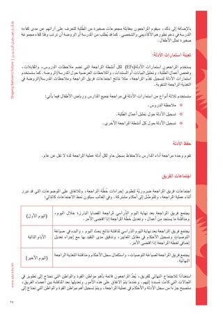 ‫َّ‬
     ‫بالإ�ضافة	 اإىل	ذلك،	�ضيقوم	املراجعون	مبقابلة	جمموعات	�ضغرية	من	الطلبة	للتعرف	على	 اآرائهم	عن	مدى	كفاءة	‬
     ‫املدر�ضة	يف	دعم	تطورهم	الأكادميي	وال�ضخ�ضي.	كما	قد	يطلب	من	املدر�ضة	اأو	الرو�ضة	اأن	ترتب	وق ًتا	للقاء	جمموعة	‬
                                                              ‫ُ‬
                                                                                             ‫�ضغرية	متثل	الأطفال.‬


                                                                                                ‫تعبئة	ا�شتمارات	االأدلة:‬

     ‫ي�ضتخدم	 املراجعون	 ا�ضتمارات	 الأدلة(‪ 	 	)EFs‬لكل	 اأن�ضطة	 املراجعة	 التي	 ت�ضم	 مالحظات	 الدرو�س،	 واملقابالت،	‬
                                                                                                     ‫َّ‬
     ‫وفح�س	اأعمال	الطلبة،	وحتليل	البيانات	اأو	امل�ضتندات،	واملالحظات	العر�ضية	حول	املدر�ضة/الرو�ضة.	كما	�ضت�ضتخدم	‬
     ‫ا�ضتمارات	الأدلة	لت�ضجيل	تقدم	املراجعة،	مثالً	نتائج	اجتماعات	فريق	املراجعة	ومالحظات	املدر�ضة/الرو�ضة	يف	‬
                                                                                          ‫ّ‬
                                                                                             ‫التغذية	الراجعة	ال�ضفوية.‬

                      ‫�ضت�ضتخدم	ثالثة	اأنواع	من	ا�ضتمارات	الأدلة	يف	مراجعة	جميع	املدار�س	وريا�س	الأطفال	فيما	ياأتي:‬
                                                                                             ‫‪ ‬مالحظة	الدرو�س.‬
                                                                           ‫َّ‬
                                                                      ‫‪ ‬ت�ضجيل	الأدلة	حول	حتليل	اأعمال	الطلبة.	‬
                                                             ‫‪ ‬ت�ضجيل	الأدلة	حول	كل	اأن�ضطة	املراجعة	الأخرى.‬



                                                                                                               ‫حفظ	االأدلة‬

                   ‫تقوم	وحدة	مراجعة	اأداء	املدار�س	بالحتفاظ	ب�ضجل	حاوٍ 	لكل	اأدلة	عملية	املراجعة	ملدة	ل	تقل	عن	عام.‬



                                                                                                       ‫اجتماعات	الفريق‬

                                                      ‫ُ َّ‬
     ‫اجتماعات	فريق	املراجعة	�رشورية	لتطوير	 اإجراءات	خطة	املراجعة،	ولالتفاق	على	املو�ضوعات	التي	قد	تربز	‬
                                                                             ‫ّ‬
                    ‫اأثناء	عملية	املراجعة،	ولل َّتو�ضل	اإىل	اأحكام	م�ضرتكة.	ويف	الغالب	�ضيكون	منط	الجتماعات	كالتايل:‬
                                                                                    ‫ُّ‬


        ‫(اليوم	الأول)‬                                                      ‫ِّ‬
                           ‫يجتمع	 فريق	 املراجعة	 بعد	 نهاية	 اليوم	 الدرا�ضي	 ملراجعة	 الق�ضايا	 البارزة	 خالل	 اليوم،	‬
                                                                              ‫ُ َّ‬
                                            ‫ومناق�ضة	ما	ي�ضتجد	من	اأعمال،	وتعديل	خطة	املراجعة	اإذا	اقت�ضى	الأمر.‬

                                                                                   ‫ِّ‬
                           ‫يجتمع	فريق	املراجعة	بعد	نهاية	اليوم	الدرا�ضي	ملناق�ضة	نتائج	بحث	اليوم	،	والبدء	يف		�ضياغة	‬
         ‫الأيام	التالية‬    ‫التو�ضيات	 وت�ضجيل	 الأحكام	 يف	 مقابل	 املعايري،	 وتدقيق	 مدى	 التقيد	 بها	 مع	 اإجراء	 تعديل	‬
                                                                                                                ‫َّ‬
                                                                                 ‫اإ�ضايف	خلُ طة	املراجعة	اإذا	اقت�ضى	الأمر.‬

                           ‫يجتمع	فريق	املراجعة	ل�ضياغة	التو�ضيات،	وا�ضتكمال	�ضجل	الأحكام	ومناق�ضة	التغذية	الراجعة	‬
        ‫(اليوم	الأخري)‬
                                                                                                          ‫النهائية.‬


     ‫ا�ضتعدادا	لالجتماع	النهائي	للفريق،	يعد	املراجعون	قائمة	باأهم	مواطن	القوة	واملواطن	التي	حتتاج	 اإىل	تطوير	يف	‬
                                                                               ‫ُ ُّ‬                           ‫ً‬
     ‫املجالت	التي	كانت	م�ضندة	 اإليهم.	وعندما	يتم	التفاق	على	هذه	الأمور	وتعديلها	بعد	املناق�ضة	بني	 اأع�ضاء	الفريق،	‬
                                                                          ‫ّ‬                      ‫ُ‬
     ‫�ضت�ضبح	جزءاً	من	�ضجل	الأدلة	والأحكام	يف	عملية	املراجعة،	ويتم	ت�ضجيل	اأهم	مواطن	القوة	واملواطن	التي	حتتاج	اإىل	‬
                                                        ‫ّ‬

‫52‬
 