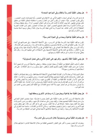 ‫َّ‬
                                             ‫‪ ‬هل	يح�رض	الطلبة	للمدر�شة	بانتظام	ويف	املواعيد	املحددة؟‬

‫												قد	تدعم	املدر�ضة	راأيها	يف	ا�ضتمارة	التقييم	الذّاتي	عن	النتظام	يف	احل�ضور	باأية	 اإح�ضائيات	لن�ضب	احل�ضور.	‬
                 ‫َّ‬
‫ولكي	يكون	احل�ضور	ج ِّيدا،	فيجب	 اأن	يكون	 اأعلى	من	املعدل	وب�ضورة	منتظمة؛	ليتمكن	الطلبة	من	حتقيق	‬
                                                                                ‫ً‬
‫تقدم	ج ِّيد	يف	تع ُلّمهم.	كما	يجب	التاأكد	اإذا	كانت	املدر�ضة	تراقب	انتظام	احل�ضور	اأم	ل،	وهل	حتتفظ	ب�ضجالت	‬
                                                                                                        ‫ّ‬
‫عن	حالت	التاأخر؟	وماذا	تفعل	لت�ضجيع	احل�ضور	اجل ِّيد.	هل	معدلت	احل�ضور	تتغري	لدى	الفئات	العمرية	‬
‫املختلفة؟	 اإذا	كان	الأمر	كذلك،	فما	ال�ضبب؟	وما	الذي	تفعله	املدر�ضة	حيال	ذلك؟	وميكن	توجيه	 اأ�ضئلة	خا�ضة	‬
                                                                                  ‫مبدى	اللتزام	باملواعيد.‬

                                                                                        ‫َّ‬
                                                ‫‪ ‬هل	ي�شاهم	الطلبة	بفاعلية	وبحما�س	يف	احلياة	املدر�شية؟‬
                                                  ‫ّ‬

                                                                                                 ‫َّ‬
‫												تكون	 مواقف	 الطلبة	 جتاه	 املدر�ضة	 جلية	 يف	 الدرو�س،	 ويف	 الأن�ضطة	 الال�ضفية،	 ويف	 ت�رشفاتهم	 يف	 اأنحاء	‬
                                                                          ‫ّ‬
                                                                                              ‫َّ‬
‫املدر�ضة.	يكون	الطلبة	يف	املدار�س	الفاعلة	متحم�ضني	ومن�ضغلني	مبا	تقدمه	املدر�ضة،	وحري�ضني	على	امل�ضاركة.	‬
                                           ‫ّ‬
                                                      ‫َّ‬
‫واأثناء	الدرو�س	ميكن	مالحظة	هذا	احلما�س	يف	رغبة	الطلبة	يف	طرح	الأ�ضئلة	والإجابة	عنها	ومبادرتهم	يف	‬
‫طرح	الأفكار،	وكذلك	يف	امل�ضاركة	يف	الأن�ضطة	الال�ضفية	ويف	الحتفالت	التي	تنظمها	املدر�ضة،	وكلّ 	ذلك	‬
                                                                       ‫َّ‬
                                                         ‫يعطي	موؤ�رشات	مبا�رشة	عن	مواقف	الطلبة	وتوجهاتهم.‬

                                         ‫ّ‬                                         ‫َّ‬
               ‫‪ ‬هل	ينمي	الطلبة	الثقة	باأنف�شهم،	وقدرتهم	على	العمل	الذاتي	وعلى	حتمل	امل�شوؤولية؟‬

                                                                      ‫َّ‬
‫												تتطلب	اأ�ضاليب	ال َّتعلّم	املختلفة	من	الطلبة	اأن	يعملوا	بطرق	خمتلفة،	وتعطي	مالحظةُ 	الدرو�س	املراجعني	 اأدلةً 	‬
                                                                               ‫َّ‬
‫مبا�رشة	عن	مدى	تكيف	الطلبة	وثقتهم	باأنف�ضهم	للعمل	م�ضتقلني.	فـهل	ي�ضعون	وراء	حل	امل�ضكالت		على	قدر	‬      ‫ً‬
                                                                         ‫ا�ضتطاعتهم	اأم	ي�ضت�ضلمون	ب�ضهولة؟‬

      ‫َّ‬
‫												حتمل	امل�ضوؤولية	ل	يرتبط	بالأدوار	القيادية	املعطاة	لهم	يف	الأن�ضطة	الال�ضفية	فقط،	بل	يرتبط	بتنمية	قدرة	الطلبة	‬
               ‫ّ‬                                                      ‫َّ‬                                   ‫ُّ‬
‫على	التعلّم،	وقد	ي�ضاهد	ذلك	يف	كيفية	ا�ضتجابتهم	بعقالنية	للمهام	اجلديدة،	ومدى	مت ُّتعهم	بروح	املبادرة.	كذلك	‬
                                                       ‫ّ‬
‫هل	متنح		الأدوار	القيادية		لفئة	قليلة	من	الطلبة	 اأم		للكثريين	منهم،	وما	 اإذا	كان	للمدر�ضة	جمل�س	طالبي	 اأو	‬
           ‫َّ‬        ‫َّ‬                          ‫َّ‬
‫مراقب	اأو	اأدوار	اأخرى	كلها	تقدم	فر�ضا	مبا�رشة	مل�ضاهدة	الطلبة	وهم	يتولون	اأدواراً	قيادية.	هل	الطلبة	الأكرب	‬
                                                                         ‫ً‬     ‫ّ‬
                                   ‫َّ‬
‫�ض ًنا	يتولون	م�ضوؤولية	من	هم	 اأ�ضغر	منهم	�ض ًنا؟	كما	ت�ضمح	املقابالت	مع	الطلبة	للمراجعني	بتحري	العديد	من	‬
                                           ‫ُ‬
                                                                                                ‫هذه	اجلوانب.‬

                                                                                     ‫َّ‬
                         ‫‪ ‬هل	يعمل	الطلبة	معاً	بفاعلية	ويحرتمون	اآراء	وم�شاعر	االآخرين	ومعتقداتهم؟‬

                                   ‫ّ‬                           ‫َّ‬
‫												تقدم	مالحظة	الدرو�س	 اأدلة	عن	مقدرة	الطلبة	على	العمل	ب�ضورة	تعاونية،	حيث	يت�ضمن	العمل	اجلماعي	‬
                                                                                                         ‫ّ‬
                                                                                       ‫َّ‬
‫بيان	مدى	اإ�ضغاء	الطلبة	لبع�ضهم	بع�ضا،	وكيف	يبنون	على	م�ضاهمات	كل	منهم،	وكيف	يوزعون	امل�ضوؤوليات	‬
                                                                      ‫ً‬
‫بينهم	عند	القيام	مبهام	عملية.	 اإ�ضافة	 اإىل	 اأن	هذا	املعيار	ي�رشي	على	ما	هو	 اأكرث	من	ذلك،	فهو	يتعلق	مبدى	‬
‫فهم	الآخرين	واحرتامهم،	واحرتام	قيمهم	ومعتقداتهم.	و�ضتاأتي	الأدلة	من	املقابالت،	خا�ضة	عند	التطرق	اإىل	‬
      ‫الق�ضايا	الأخالقية	والروحية،	واأي�ضا	من	مالحظة	عالقاتهم	الجتماعية	يف	اجلوانب	املختلفة	من	املدر�ضة.‬
                                        ‫َّ‬                              ‫ً‬



                                                                               ‫َّ‬
                                  ‫‪ ‬هل	يت�رضف	الطلبة	بوعي	وم�شوؤولية	خلل	الدرو�س	ويف	املدر�شة؟‬

‫												�ضيتعرف	املراجعون	ب�ضورة	اأكرب	على	التطور	ال�ضخ�ضي	للطلبة	من	خالل	املالحظة	املبا�رشة		ل�ضلوكهم	خالل	‬
                                                                                  ‫الدرو�س	وخارجها.‬

                                                                                                                              ‫63‬
 