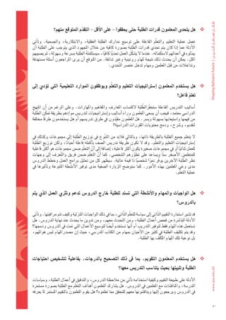 ‫‪ ‬هل	يتحدى	املعلمون	قدرات	الطلبة	حتى	يحققوا	-	على	االأقل	-	التقدم	املتوقع	منهم؟‬
                               ‫ّ‬

‫												تعمل	 عملية	 التعليم	 والتعلّم	 الفاعلة	 على	 تو�ضيع	 مدارك	 الطلبة	 العقلية،	 والبتكارية،	 واجل�ضمية.	 وتاأتي	‬
                                                                     ‫ّ‬
‫الأدلة	عما	 اإذا	كان	يتم	حتدي	قدرات	الطلبة	ب�ضورة	كافية	من	خالل	املجهود	الذي	يتوجب	على	الطلبة	 اأن	‬
‫يبذلوه	يف	اأعمالهم	ل�ضتكماله.	عندما	ل	ي�ضكّ ل	العمل	حتديا	كافيا،	�ضي�ضتكمله	الطلبة	ب�رشعة	و�ضهولة،	ثم	ي�ضيبهم	‬
                                    ‫ُ‬           ‫ً‬     ‫ً‬
‫امللل.	ميكن	اأن	يحدث	ذلك	نتيجة	ملهام	روتينية	وغري	�ضائقة.	من	املتوقع	اأن	يرى	املراجعون	اأ�ضئلة	م�ضتهدفة	‬
                                                    ‫وتداخالت	من	قبل	املعلمني	ومهام	تدخل	عن�رش	ال ّتحدي.‬



‫‪ ‬هل	ي�شتخدم	املعلمون	 اإ�شرتاتيجيات	التعليم	والتعلّم	ويوظفون	املوارد	التعليمية	التي	توؤدي	 اإىل	‬
                                                                                                              ‫تعلم	فاعل؟‬
                                                                                                                    ‫ٍّ‬
                                                                        ‫ّ ّ‬
‫											اأ�ضاليب	التدري�س	الفاعلة	�ضتحفزالطلبة	لكت�ضاب	املعارف	واملفاهيم	واملهارات.	وعلى	الرغم	من	 اأن	املنهج	‬
     ‫ّ‬
‫الدرا�ضي	معتمد،	فيجب	اأن	ي�ضعى	املعلمون	وراء	اأ�ضاليب	واإ�ضرتاتيجيات	لتدري�س	موادهم	بطريقة	متكّ ن	الطلبة	‬
‫من	فهمها	وا�ضتيعابها	ب�ضهولة	وي�رش.	هل	املعلمون	مقيدون	يف	طرق	تدري�ضهم	اأم	هل	ي�ضتخدمون	طرقا	خمتلفة	‬
         ‫ً‬                                            ‫ّ‬
                                                     ‫لتقدمي،	و�رشح،	ودمج	حمتويات	املقررات	الدرا�ضية؟‬

                               ‫ّ‬
‫												ل	يتعلم	جميع	الطلبة	بالطريقة	ذاتها،	وبالتايل	فالبد	من	الت ّنوع	يف	توزيع	الطلبة	 اإىل	جمموعات	وكذلك	يف	‬
    ‫ّ‬
‫اإ�ضرتاتيجيات	التعليم	والتعلّم.	وقد	ل	تكون	طريقة	تدري�س	ال�ضف	باأكمله	فاعلة	 اأحيانا،	ولكن	توزيع	الطلبة	‬
                        ‫ً‬
‫للعمل	ثنائيا	اأو	يف	جمموعات	�ضغرية	يكون	اأكرث	فاعلية،	اإ�ضافة	اإىل	اأن	التعلّم	�ضمن	جمموعات	هو	اأكرث	فاعلية	‬
                                        ‫ّ‬                                                        ‫ً‬
‫للمتعلمني	الأ�ضغر	�ض ًنا	وي�ضاعد	على	تطورهم	ال�ضخ�ضي.	كما	 اأن	التعلّم	�ضمن	فريق	وال ّتعرف	 اإىل	وجهات	‬
                                            ‫ّ‬                         ‫ّ‬
‫نظر	الطلبة	الآخرين	يوفّر	منوا	�ضخ�ضيا	ذا	قيمة	عالية.	�ضيظهر	كل	من	حتليل	برامج	العمل	وخطط	الدرو�س	‬
                                                                        ‫ً‬      ‫ً‬                    ‫ّ‬
‫مدى	وعي	املعلمني	بهذه	الأمور.	كما	�ضتو�ضح	الزيارة	ال�ضفية	مدى	توفري	الأن�ضطة	املتنوعة	وتاأثريها	يف	‬
                                                                                            ‫عملية	التعلّم.‬



‫‪ ‬هل	الواجبات	واملهام	واالأن�شطة	التي	ت�شند	للطلبة	خارج	الدرو�س	تدعم	وترثي	العمل	الذي	يتم	‬
                                                                                                             ‫بالدرو�س؟‬

‫												قد	ت�ضري	ا�ضتمارة	التقييم	الذّاتي	اإىل	�ضيا�ضة	للتعلّم	الذّاتي،	مبا	يف	ذلك	الواجبات	املنزلية	وكيف	تتم	مراقبتها.	وتاأتي	‬
‫الأدلة	املبا�رشة	من	فح�س	اأعمال	الطلبة،	ومن	التحدث	معهم،	ومن	تدوين	ما	يحدث	عند	نهاية	الدرو�س.	هل	‬
‫ت�ضتعمل	هذه	املهام	فقط	لتوفري	التدريب	اأم	اأنها	ت�ضتخدم	اأي�ضا	لتو�ضيع	الأعمال	التي	متت	يف	الدرو�س	ودجمها؟	‬
                                                   ‫ً‬
‫وقد	يتم	تكليف	الطلبة	يف	كثري	من	الأحيان	مبهام	من	الكتاب	املدر�ضي،	حيث	اإن	م�ضدراملهام	لي�س	هواملهم،	‬
                                                                          ‫بل	نوعية	تلك	املهام	املكلّف	بها	الطلبة.‬



‫‪ ‬هل	ي�شتخدم	املعلمون	التقومي،	مبا	يف	ذلك	الت�شحيح	بالدرجات،	بفاعلية	لت�شخي�س	احتياجات	‬
                                                                 ‫الطلبة	وتلبيتها	بحيث	يتنا�شب	التدري�س	معها؟‬

‫												الأدلة	على	طبيعة	التقييم	وكيفية	ا�ضتخدامه	تاأتي	من	مالحظة	الدرو�س،	والتدقيق	يف	اأعمال	الطلبة،	و�ضيا�ضات	‬
‫املدر�ضة،	واملناق�ضات	مع	املعلمني	يف	الدرو�س.	هل	ي�ضارك	املعلمون	اأهداف	التعلّم	مع	الطلبة	ب�ضورة	م�ضتمرة	‬
‫يف	الدرو�س	ويرجعون	اإليها	ويناق�ضونها	معهم	للتحقق	مما	تعلموه؟	هل	يقوم	املعلمون	بالتقييم	امل�ضتمر	ملا	يعرفه	‬

                                                                                                                                      ‫04‬
 