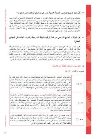 ‫‪ ‬هلْ 	يعزز	املنهج	الدرا�شي	باأن�شطة	ال�شفية	تنمي	خربات	الطلبة	واهتماماتهم	املتنوعة؟‬

     ‫												�ضتتوقف	جودة	املنهج	الدرا�ضي	اأي�ضا	على	ما	تختار	املدر�ضة	اأن	ت�ضيفه	اإىل	الحتياجات	الأ�ضا�ضية	من	اأجل	تو�ضيع	‬
                                                                                  ‫ً‬
     ‫خربات	الطلبة.	بع�س	اخلربات	قد	تكون	يف	نطاق	املنهج	الدرا�ضي	املخطط	جلميع	الطلبة،	واأخرى	قد	تكون	‬
     ‫خارجية،	تقدم	للطلبة	على	اأ�ضا�س	تطوعي	ومن	ثم	قد	ي�ضطر	الطلبة	اإىل	اختيار	اأية	فر�س	اإ�ضافية	ليتولّوها.	‬
                                                                             ‫ّ‬                          ‫ّ‬
     ‫هل	هم	مقيدون	يف	اختيارهم؟		فاإذا	كان	الأمر	كذلك،	فما	الإر�ضادات	املتاحة	لهم؟	وما	مدى	امل�ضاركة	يف	‬
                                      ‫ّ‬
     ‫الأن�ضطة	الال�ضفية	الإ�ضافية؟	هل	حتتفظ	املدر�ضة	ب�ضجالت	عن	م�ضاركة	الطلبة	يف	تلك	الأن�ضطة؟	وال�ضوؤال	‬
                                                               ‫الأهم	هو،	ما	مدى	تنوع	واإثراء	املنهج	لكل	طالب؟	‬
                                                                                              ‫ّ‬

     ‫‪ ‬هل	يتم	اإثراء	املنهج	الدرا�شي	من	خلل	توظيف	البيئة	املدر�شية	واملوارد	املتاحة	يف	املجتمع	‬
                                                                                                              ‫املحلي؟‬

     ‫												هل	ت�ضتخدم	املدر�ضة	-	عن	دراية	-	مباين	املدر�ضة	وما	حولها	واملوارد	املتاحة	بكونها	جزءا	من	البيئة	التعليمية؟	‬
                            ‫ً‬
     ‫مثالً:	هل	الديكور	واجلو	املحيط	من	املباين	ي�ضجع	على	التعلّم؟	هل	ت�ضتعمل	طرق	عر�س	املواد	بالأ�ضاليب	‬
     ‫وال�ضور	التو�ضيحية	يف	الف�ضول	بطريقة	ذات	معنى	 اأو	هدف	لتعزيز	التعلّم	ولالحتفاء	باأعمال	الطلبة؟	هل	‬
     ‫يراعى	اأن	تكون	الأرا�ضي	وامل�ضاحات	املحيطة	باملدر�ضة	والبيئة	املدر�ضية	جذابة؟	يف	املقابل،	هل	يحرتم	الطلبة	‬
     ‫ويراعون	ما	حولهم؟	هل	تقوم	املدر�ضة	بتوظيف	مواردها،	يف	املجتمع	املحلي،	واملنا�ضبات	املحلية	لتعزيز	‬
       ‫معارف	ومفاهيم	الطلبة؟	على	�ضبيل	املثال،	تعزيز	الثقافة	املحلية	والوطنية،	وكذلك	القيم	والرتاث	الوطني.‬


                                                                           ‫مدى	جودة	م�شاندة	الطلبة	واإر�شادهم؟‬              ‫‪‬‬

                                                                                               ‫تقييم	جودة	امل�ضاندة	والإر�ضاد‬

      ‫غالبية	معايري	امل�ضاندة	والإر�ضاد	ممتازة	اأو	تعد	منوذجاً	يحتذى	به	وي�ضمل		ذلك		تقدمي	امل�ضورة	‬
                                             ‫ُ‬           ‫ّ‬
      ‫للطلبة	يف	الظروف	ال�ضعبة،		وحر�س	اأع�ضاء	املجتمع	املدر�ضي	على	م�ضالح	الطلبة	اأو	الدعم	‬
      ‫القوي	 للتقدم	 الأكادميي	 للطلبة	 يف	 الف�ضل.	 بيئة	 املدر�ضة	 �ضحية	 بالكامل	 ونظيفة	 واآمنة	 لكل	‬
                                                                                                                  ‫ممتاز	(1)‬
      ‫من	الطلبة	والعاملني.	يتم	املحافظة	على	كل	من	املباين	واملرافق	وامل�ضكن	والأدوات	يف	حالة	‬
      ‫ممتازة.	كما	اأن	الطلبة	يتم	الإ�رشاف	عليهم	وحمايتهم	يف	جميع	الأوقات.	ل	توجد	هناك	معايري	‬
                                                                                 ‫اأقل	من	امل�ضتوى	اجليد.‬

      ‫ميكن	ال ّتعرف	على	امل�ضاندة	والإر�ضاد	اجليد	من	م�ضتوى	حر�س	الهيئتني	الإدارية	والتعليمية؛	‬
      ‫ل�ضمان	�ضالمة	واأمن	الطلبة،	و�ضعورهم	بالر�ضا	وال�ضتقرار	يف	املدر�ضة،	وح�ضولهم	على	‬
      ‫امل�ضاندة	والإر�ضاد	عند	مواجهة	�ضعوبات	اأكادميية	اأو	�ضخ�ضية،	وتوجيههم	ب�ضكل	�ضليم	ونزيه	‬
      ‫عند	احلاجة	 اإىل	اتخاذ	قرارات	يف	 اأمور	توؤثّر	يف	حياتهم.	البيئة	املدر�ضية	 اآمنة	و�ضحية	لكل	‬                  ‫جيد	(2)‬
      ‫من	الطلبة	والعاملني.	املباين	واملرافق	وامل�ضكن	والأدوات	يتم	احلفاظ	عليها	وعلى	نظافتها.	‬
      ‫يتم	 الإ�رشاف	 على	 الطلبة	 اأثناء	 درا�ضتهم	 	 ومرحهم	 ولهوهم،	 وجتوالهم	 يف	 املدر�ضة	 واأثناء	‬
                                                                     ‫ا�ضتخدامهم	موا�ضالت	املدر�ضة.‬

      ‫ل	يوجد		ق�ضور	يف	اأي	من	املعايري	الرئي�ضة	املتعلقة	بامل�ضاندة	والإر�ضاد	املقدم	للطلبة،	وقد	تكون	‬
                            ‫ّ‬
      ‫بع�س			املعايري	جيدة	اإل	اأن	جانب	امل�ضاندة	والإر�ضاد	قد	يكون	يف	اأدنى	م�ضتوى		له،		يتم		تلبية	‬
                                                                                                                      ‫ٍ‬
                                                                                                                 ‫مر�س	(3)‬
      ‫املتطلبات	الأ�ضا�ضية	للحفاظ	على	�ضحة	و�ضالمة	الطالب،	فاملدر�ضة	اآمنة	ونظيفة،	ويتم	العتناء	‬
                                      ‫بالطلبة	خالل	اليوم	الدرا�ضي		وتكون	احلوادث	نادرة	الوقوع.‬



‫34‬
 