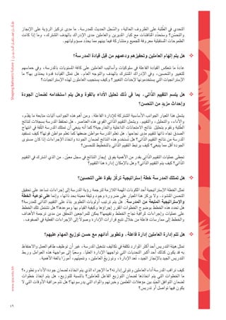 ‫ّ‬
     ‫التحدي	يف	الطلبة	على	الظروف	احلالية،	وال�ضجل	احلديث	للمدر�ضة.	ما	مدى	تركيز	الروؤية	على	الإجناز	‬
                                                                  ‫ّ‬
     ‫والتح�ضن؟	و�ضتحدد	املناق�ضات	مع	كبار	املديرين	والعاملني	مدى	الإدراك	بالهدف	امل�ضرتك،	وما	 اإذا	كانت	‬
                                                                                             ‫ّ‬           ‫ّ‬
                                ‫الطموحات	امل�ضتقبلية	معروفة	للجميع	ومت�ضاركة	فيما	بينهم	مما	يحدد	م�ضوؤولياتهم.‬
                                               ‫ّ‬

                                         ‫‪ ‬هل	يتم	اإلهام	العاملني	وحتفيزهم	ودعمهم	من	قِبلِ 	قيادة	املدر�شة؟‬
                                                            ‫َ‬

     ‫												عادة	ما	تنعك�س	القيادة	الفاعلة	يف	�ضلوكيات	واأ�ضاليب	العاملني	على	كافة	امل�ضتويات	باملدر�ضة،	ويف	حما�ضهم	‬
                                                                                                               ‫ً‬
     ‫للتغيري	 والتح�ضني،	 ويف	 الإدراك	 امل�ضرتك	 بالهدف	 والتوجه	 العام.	 هل	 متثل	 القيادة	 قدوة	 يحتذى	 بها؟	 ما	‬
                   ‫الإ�ضرتاجتيات	التي	ي�ضتخدمونها	لإحداث	التغيري؟	وكيف	ي�ضتجيب	العاملون	لهذه	الإ�ضرتاجتيات؟‬

                                                                                     ‫ّ‬
     ‫‪ ‬هل	 يت�شم	 التقييم	 الذاتي،	 مبا	 يف	 ذلك	 حتليل	 االأداء	 بالقوة	 وهل	 يتم	 ا�شتخدامه	 ل�شمان	 اجلودة	‬
                                                                                       ‫واإحداث	مزيدٍ	من	التح�شن؟‬

     ‫												ي�ضمل	هذا	املعيار	اجلوانب	الأ�ضا�ضية	امل�ضرتكة	لالإدارة	الفاعلة.	ومن	اأهم	هذه	اجلوانب	اآليات	متابعة	ما	يقدم،	‬
          ‫ّ‬
     ‫والأداء،	والتحليل،	والتقييم.	وي�ضمل	التقييم	الذّاتي	القوي	هذه	العنا�رش.	هل	حتتفظ	املدر�ضة	ب�ضجالت	لنتائج	‬
                                                                                                               ‫ّ‬
     ‫الطلبة	وتقوم	بتحليل		نتائج	المتحانات	الداخلية	واخلارجية؟	كما	اأنه	ينبغي	اأن	متتلك	املدر�ضة	الثّقة	يف	انتهاج	‬
     ‫ال�ضدق	جتاه	ذاتها	لتقييم	مدى	جناحها.	هل	تعلم	املدر�ضة	مواطن	�ضعفها	كما	تعلم	مواطن	قوتها؟	كيف	ت�ضتفيد	‬
     ‫املدر�ضة	من	نتائج	التقييم	الذّاتي؟	هل	ت�ضتخدم	هذه	النتائج	ل�ضمان	اجلودة	واتخاذ	الإجراءات	اإذا	كان	م�ضتوى	‬
                                                                               ‫ُ‬
                                               ‫اجلودة	اأقل	مما	ينبغي؟	كيف	يرتبط	التقييم	الذّاتي	بالتخطيط	للتح�ضني؟‬

     ‫												حتظى	عمليات	التقييم	الذّاتي	بقدر	من	الأهمية	يفوق		اإيجاز	النتائج	يف	�ضجل	معني.	من	الذي	ا�ضرتك	يف	التقييم	‬
                                  ‫ّ‬
                                              ‫الذّاتي؟	كيف	يتم	التقييم	الذّاتي؟	وهل	بالإمكان	اإدارة	هذا	التقييم؟‬


                                            ‫‪ ‬هل	متتلك	املدر�شة	خطة	اإ�شرتاتيجية	تركّ ز	بقوة	على	التح�شني؟‬

     ‫												متثل	اخلطة	الإ�ضرتاتيجية	اأحد	املكونات	املهمة	الالزمة	لرتجمة	روؤية	املدر�ضة	اإىل	اإجراءات	ت�ضاعد	على	حتقيق	‬
     ‫التح�ضن	املن�ضود.	ول	يركز	هذا	املعيار	على	�رشورة	وجود	وثيقة	معينة	بحد	ذاتها،	واإمنا	على	نوعية	اخلطة	‬
     ‫واالإ�شرتاتيجية	املتبعة	من	املدر�شة.	هل	يتم	ترتيب	 اأولويات	التطوير	بناء	على	التقييم	الذّاتي	للمدر�ضة؟	‬
                                     ‫ً‬
     ‫هل	حتدد	هذه	اخلطط	بو�ضوح	اخلطوات	املقرر	اإجراوؤها	وكيفية	القيام	بها	وموعدها؟	هل	ت�ضتمل	تلك	اخلطط	‬
     ‫على	عمليات	واإجراءات	ملراقبة	جناح	اخلطط	وتقييمها؟	ميكن	للمراجعني	التحقق	من	مدى	ترجمة	الأهداف	‬
                                   ‫ّ‬
       ‫واخلطط	اإىل	ممار�ضات	فاعلة	من	خالل	تتبع	قرارات	الإدارة	و�ضولً	اإىل	الإجراءات	الفعلية	يف	ال�ضفوف.‬


                     ‫‪ ‬هل	تتم	اإدارة	العاملني	اإدارة	فاعلة،	وتطوير	اأدائهم	مع	ح�شن	توزيع	املهام	عليهم؟‬

     ‫												متثل	هيئة	التدري�س	اأحد	اأكرث	املوارد	تكلفة	يف	تكاليف	ت�ضغيل	املدر�ضة،	غري	اأن	توظيف	طاقم	العمل	والحتفاظ	‬
     ‫به	قد	يكون	كذلك	 اأحد	 اأكرب	التحديات	التي	تواجهها	الإدارة	العليا.	و�ضعيا	 اإىل	مواجهة	هذه	العوامل	وربط	‬
                                      ‫ً‬
               ‫التدري�س	اجليد	بالإجناز	اجليد،	تعد	الإدارة،	وتوزيع	العاملني،	وتنمي ُتهم،	اأمورا	بالغة	الأهمية.‬
                               ‫ً‬                           ‫ُ‬       ‫ُ‬         ‫ُ‬

     ‫												كيف	تراقب	املدر�ضة	اأداء	العاملني	وتتوىل	اإدارته؟	ما	الإجراء	الذي	يتم	اتخاذه	ل�ضمان	جودة	الأداء	وتطوره؟	‬
     ‫ما	 اخلطوات	 التي	 يتم	 اتخاذها	 ل�ضمان	 التوزيع	 الفاعل	 للعاملني؟	 بالن�ضبة	 للتوزيع،	 هل	 يتم	 اتخاذ	 خطوات	‬
     ‫ل�ضمان	التوافق	اجليد	بني	موؤهالت	املعلمني	وخربتهم	واملواد	التي	يدر�ضونها؟	هل	تتم	مراقبة	الأوقات	التي	ل	‬
                                                                                                ‫ّ‬
                                                                                     ‫يكون	فيها	توا�ضل	اأو	تدري�س؟‬


‫94‬
 