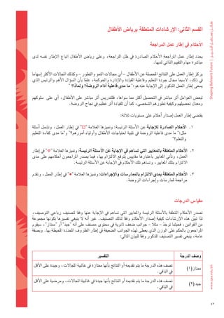 ‫الق�شم	الثاين:	االإر�شادات	املتعلقة	بريا�س	االأطفال‬

                                                                                     ‫االأحكام	يف	اإطار	عمل	املراجعة‬

‫يحدد	 اإطار	 عمل	 املراجعة	 الأحكام	 ال�ضادرة	 يف	 ظل	 املراجعة،	 وعلى	 ريا�س	 الأطفال	 اتباع	 الإطار	 نف�ضه	 لدى	‬
                                                                                 ‫مبا�رشة	مهام	التقييم	الذاتي	لديها.‬

‫يركز	اإطار	العمل	على	النتائج	املح�ضلة	عن	الأطفال	– اأي	جمالت	النمو	والتطور	– وكذلك	املجالت	الأكرث	اإ�ضهاما	‬
‫يف	ذلك،	ل�ضيما	جمال	جودة	التعليم	وفاعلية	القيادة	والإدارة	واحلوكمة،	علما	باأن	ال�ضوؤال	الأهم	والرئي�س	الذي	‬
                                     ‫ً‬
                          ‫ي�ضعى	اإطار	العمل	املذكور	اإىل	الإجابة	عنه	هو:" ما	مدى	فاعلية	اأداء	الرو�شة؟	وملاذا؟ "‬

‫لبع�س	العوامل	 اأثر	مبا�رش	يف	التح�ضيل	 اأكرث	مما	�ضواها،	فللتدري�س	 اأثر	مبا�رش	على	الأطفال،	 اأي	على		�ضلوكهم	‬
                       ‫ومعدل	حت�ضيلهم	وكيفية	تطورهم	ال�ضخ�ضي،	كما	اأن	للقيادة	اأثر	عظيم	يف	جناح	الرو�ضة.‬

                                                               ‫يقت�ضي	اإطار	العمل	اإ�ضدار	اأحكام	على	م�ضتويات	ثالثة:‬

‫1.		االأحكام	ال�شادرة	للإجابة	عن	الأ�ضئلة	الرئي�ضة:	ومتيزها	العالمة	"‪ "‬يف	 اإطار	 العمل،	 وت�ضمل	 اأ�ضئلة	‬
                                                                                                       ‫	‬
‫مثل:" ما	مدى	فاعلية	الرو�ضة	يف	تلبية	احتياجات	الأطفال	واأولياء	 اأمورهم؟" و"ما	مدى	كفاءة	التعليم	‬
                                                                                             ‫والتعلم؟"‬

‫2.		االأحكام	املتعلقة	باملعايري	التي	ت�شاهم	يف	االإجابة	عن	االأ�شئلة	الرئي�شة:	ومتيزها	العالمة	"‪ "‬يف	اإطار	‬
                                                                                                        ‫	‬
‫العمل،	وتاأتي	املعايري	باعتبارها	مقايي�س	يتوقع	اللتزام	بها،	فيما	ي�ضدر	املراجعون	 اأحكامهم	على	مدى	‬
                                                              ‫ُ‬
                           ‫اللتزام	بتلك	املعايري،	وت�ضاهم	تلك	الأحكام	يف	الإجابة	عن	الأ�ضئلة	الرئي�ضة.‬

‫3.		االأحكام	املتعلقة	مبدى	االلتزام	باملمار�شات	واالإجراءات:	ومتيزها	العالمة	"‪ "‬يف	اإطار	العمل،	وتقدم	‬
                                                                                                   ‫	‬
                                                           ‫مراجعة	ملمار�ضات	واإجراءات	الرو�ضة.‬



                                                                                                      ‫مقيا�س	الدرجات‬

‫ت�ضدر	 الأحكام	 املتعلقة	 بالأ�ضئلة	 الرئي�ضة	 واملعايري	 التي	 ت�ضاهم	 يف	 الإجابة	 عنها	 وفقا	 لت�ضنيف	 رباعي	 التو�ضيف،	‬
‫لذا	تبني	هذه	الإر�ضادات	كيفية	 اإ�ضدار	الأحكام	وفقا	لذلك	الت�ضنيف.	غري	 اأنه	ل	ينبغي	تف�ضريها	بكونها	جمموعةً 	‬        ‫ّ‬
‫من	القوانني،	فحيثما	توجد	– مثال	– جوانب	�ضعف	ثانوية	يف	حمتوى	م�ضنف	على	 اأنه	"جيد" اأو	"ممتاز"،	�ضيقوم	‬
                                                                                              ‫ْ‬
‫املراجعون	باحلكم	على	الوزن	الذي	يعطى	لهذه	اجلوانب	ال�ضعيفة	يف	اإطار	الظروف	املحددة	املحيطة	بها.	وب�ضفة	‬
                                                            ‫عامة،	ينبغي	تف�ضري	الت�ضنيف	املذكور	وفقا	للبيان	التايل:‬



                                               ‫التف�شري‬                                                   ‫و�شف	الدرجة‬
 ‫ت�ضف	هذه	الدرجة	ما	يتم	تقدميه	اأو	النتائج	باأنها	ممتازة	يف	غالبية	املجالت،	وجيدة	على	الأقل	‬
                                                                                                               ‫ممتاز(1)‬
                                                                                    ‫يف	الباقي.‬
 ‫ت�ضف	هذه	الدرجة	ما	يتم	تقدميه	اأو	النتائج	باأنها	جيدة	يف	غالبية	املجالت،	ومر�ضية	على	الأقل	‬
                                                                                                                 ‫جيد	(2)‬
                                                                                  ‫يف	الباقي.		‬


                                                                                                                              ‫25‬
 