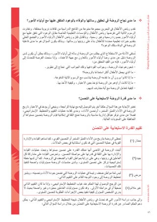 ‫‪ ‬ما	مدى	جناح	الرو�شة	يف	حتقيق	ر�شالتها	والوفاء	بالوعود	املتفق	عليها	مع	اأولياء	االأمور؟‬

‫												تقدم	ريا�س	الأطفال	يف	البحرين	جمموعة	متنوعة	من	املناهج	الدرا�ضية	من	ثقافات	تربوية	خمتلفة،	وتتفاوت	‬
‫الر�ضوم	املالية	التي	تفر�ضها	ريا�س	الأطفال	واملوؤ�ض�ضات	التعليمية	اخلا�ضة	مقابل	الوعود	التي	تتفق	عليها	مع	‬
‫اأولياء	الأمور	ب�ضورة	ر�ضمية	وغري	ر�ضمية.	وباملقابل	تلتزم	ريا�س	الأطفال	لأولياء	الأمور	واملجتمع	املحلي	‬
‫بتقدمي	خربات	تعليمية	حمددة	لالأطفال	بناء	على	روؤيتها	ور�ضالتها.	وبذلك	يكون	ال�ضوؤال	هو	ما	مدى	فاعلية	‬
                                                                 ‫ً‬
                                                                         ‫الرو�ضة	يف	الوفاء	بتلك	الوعود؟‬

‫											ت�ضتقى	الأدلة	من	ال�ضتطالع	الذي	يطلب	من	الرو�ضة	اإر�ضاله	اإىل	اأولياء	الأمور،	وبذلك	ميكن	اأن	يكون	لدى	‬
                                                                                                         ‫ُ‬
‫الرو�ضة	دليل	عن	مدى	ر�ضا	 اأولياء	الأمور	بالتعاون	مع	جهة	العتماد.	واإذا	�ضنحت	الفر�ضة	للتحدث	 اإىل	‬
                                                                 ‫اأولياء	الأمور،	فاإنه	من	املفيد	التحقق	من:‬
                       ‫											-	�ضعورهم	جتاه	الرو�ضة،	وجوانب	القوة	فيها	وتلك	اجلوانب	التي		حتتاج	اإىل	تطوير.‬
                                                              ‫												-	ما	الذي	يجعل	الأطفال	اأكرث	ا�ضتمتاعا	بالرو�ضة؟‬
                                                                         ‫ً‬
                                ‫												-	ما	اإذا	كانوا	يرون	اأن	ما	تقدمه	الرو�ضة	يتنا�ضب	مع	الر�ضوم	املالية	املدفوعة.‬
                                   ‫												-	ما	اإذا	كانت	اآراوؤهم	عن	الرو�ضة	توؤخذ	بعني	العتبار،	وكيفية	الأخذ	بها.‬
                                                                 ‫												-	كيفية	تتعامل	الرو�ضة	مع	اأية	خماوف	لديهم.‬


                                                          ‫‪ ‬ما	مدى	قدرة	الرو�شة	اال�شتيعابية	على	التح�شن؟‬

‫												تعترب	الإجابة	عن	هذا	ال�ضوؤال	حكما	اآخر	يتم	التو�ضل	اإليه	مع	نهاية	املراجعة،	وينبغي	اأن	يوؤخذ	يف	العتبار	تاريخ	‬
                                                                              ‫ً‬
‫الرو�ضة	يف	الأداء	املتميز	امل�ضتمر،	 اأوحت�ضن	الأداء،	ومدى	كفاءة	عمليات	التقييم	والتخطيط		الإ�ضرتاتيجي،	‬
                                                                                         ‫ّ‬
‫ف�ضالً	عن	مدى	توفّر	هياكل	اإدارية	منا�ضبة	بالرو�ضة	متنح	الثقة	يف	اإمكانية	قيام	الرو�ضة	بتح�ضني	م�ضتواها	اأو	‬
                                                                                ‫املحافظة	على	امل�ضتويات	العالية.‬

                                                                       ‫تقييم	القدرة	اال�شتيعابية	على	التح�شن‬
                                                                         ‫ّ‬

 ‫حتظى	الرو�ضة	بتاريخ	من	الأداء	املتميز	امل�ضتمر	اأو	التح�ضني	القوي،	كما	ت�ضاهم	القيادة	والإدارة	‬
                                                            ‫ّ‬                                                 ‫ممتاز	(1)‬
                             ‫القوية	يف	عملية	التح�ضني	التي	قد	تكون	ا�ضتثنائية	يف	بع�س	احلالت.‬

 ‫اأثبتت	 الرو�ضة	 يف	 املا�ضي	 اأنها	 متتلك	 القدرة	 على	 حت�ضني	 م�ضتواها	 وتبعث	 عمليات	 القيادة	‬
 ‫والإدارة	بها	على	الثقة	يف	قدرتها	على	موا�ضلة	التح�ضني.	وحتر�س	القيادة	على	م�ضاركة	كل	‬
 ‫العاملني	يف	روؤيتها،	وهي	على	دراية	مبواطن	القوة	وال�ضعف	يف	الرو�ضة.	كما	اأن	لديها	خطة	‬                          ‫جيد	(2)‬
 ‫اإ�ضرتاتيجية	تركز	على	حت�ضني	امل�ضتوى،	ولدى	منت�ضبات	الرو�ضة	م�ضوؤوليات	وا�ضحة	لتنفيذ	‬
                                                                                  ‫تلك	التح�ضينات.‬
 ‫لي�س	ثمة	مواطن	�ضعف	رئي�ضة	يف	عمليات	الرو�ضة	التي	ت�ضمن	جودة	الأداء	وحت�ضينه،	وي�ضري	‬
                                                                                                                  ‫ٍ‬
                                                                                                             ‫مر�س	(3)‬
                                ‫تخطيط	الرو�ضة	اإىل	وجود	التوجه	القائم	على	التقييم	الذّاتي.‬
 ‫من	املرجح	الو�ضول	لهذا	احلكم	عند	غياب	التخطيط	الإ�ضرتاتيجي،	واإذا	ما	كان	التقييم	الذاتي	‬
 ‫�ضعي ًفا	 اأو	يف	مراحله	الأوىل.	وقد	تكون	م�ضوؤوليات	العاملني	حمرية	وغري	وا�ضحة	بحيث	ل	‬
                               ‫ّ‬                                                                          ‫غري	مالئم	(4)‬
               ‫يدري	ال�ضخ�س	امل�ضوؤول	كيفية	تنفيذ	بع�س	الإجراءات	املطلوبة	لتح�ضني	امل�ضتوى.‬

‫واإىل	جانب	درا�ضة	الأمور	التي	قد	حتدث	يف	ريا�س	الأطفال	نتيجة	التخطيط		الإ�ضرتاتيجي	والتقييم	الذّاتي،	ميكن	‬
                   ‫دعم	احلكم	ال�ضادر	عن	قدرة	الرو�ضة	ال�ضتيعابية	على	التح�ضن	من	خالل	درا�ضة	ال�ضوؤال	التايل:‬
                                                     ‫ّ‬

                                                                                                                              ‫65‬
 