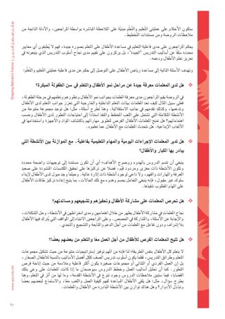 ‫�ضتكون	الأحكام	على	عمليتي	ال َّتعليم	وال َّتعلّم	مبنية	على	املالحظة	املبا�رشة	بوا�ضطة	املراجعني،	والأدلة	الناجتة	من	‬
                                                                    ‫ّ‬
                                                                       ‫مالحظات	الرو�ضة	ومن	م�ضتندات	ال َّتخطيط.‬

     ‫يحكم	املراجعون	على	مدى	فاعلية	التعليم	يف	م�ضاعدة	الأطفال	على	التعلم	ب�ضورة	جيدة،	فهم	ل	يطبقون	اأي	معايري	‬
                       ‫ُ‬
     ‫حمددة	�ضل ًفا	عن	 اأ�ضاليب	التدري�س	"اجليدة"،	بل	يركزون	على	تقييم	مدى	جناح	 اأ�ضلوب	التدري�س	الذي	يتبعونه	يف	‬
                                                                                      ‫تعزيز	تعلم	الأطفال	ودعمه.‬

      ‫وتهدف	الأ�ضئلة	التالية	اإىل	م�ضاعدة	ريا�س	الأطفال	على	التو�ضل	اإىل	حكم	عن	مدى	فاعلية	عمليتي	ال َّتعليم	وال َّتعلّم:‬


               ‫‪ ‬هل	لدى	املعلمات	معرفة	جيدة	عن	مراحل	منو	االأطفال	والتعلم	يف	�شن	الطفولة	املبكرة؟‬

     ‫												يف	الرو�ضة	يقيم	املراجعون	مدى	معرفة	املعلمات	بجوانب	منو	الأطفال	وتطورهم	وتعلمهم	يف	مرحلة	الطفولة،	‬
     ‫فعلى	�ضبيل	املثال	كيف	تعد	املعلمات	بيئات	التعلم	الداخلية	واخلارجية	التي	تعزز	جوانب	التعلم	لدى	الأطفال	‬
     ‫وتدعمها،	وكذلك	تقدمهم	يف	جانب	ال�ضتقاللية.	وهنا	 تطرح	 اأ�ضئلة،	مثل:	هل	توجد	جمموعة	متنوعة	من	‬
                                                      ‫ُ‬
     ‫الأن�ضطة	املتكاملة	التي	ت�ضتمل	على	اللعب	املخطط	واملنفذ	ا�ضتنادا	 اإىل	احتياجات	التطور	لدى	الأطفال	وح�ضب	‬
                                                 ‫ً‬
     ‫اهتماماتهم؟	هل	متنح	املعلمات	الأطفال	الفر�س	لتطوير	مهاراتهم	باكت�ضاف	املواد	والأجهزة	وا�ضتخدامها	يف	‬
                                              ‫الألعاب	الإبداعية.	هل	تتحدث	املعلمات	مع	الأطفال	عما	تعلموه.‬


     ‫‪ ‬هل	تدير	املعلمات	االإجراءات	اليومية	واملهام	التعليمية	بفاعلية،	مع	املوازنة	بني	االأن�شطة	التي	‬
                                                                                    ‫يبادر	بها	الكبار	واالأطفال؟‬

     ‫												ينبغي	 اأن	تت�ضم	الدرو�س	بالهدوء	وو�ضوح	الأهداف؛	 اأي	 اأن	تكون	م�ضتندة	 اإىل	توجيهات	وا�ضحة	حمددة	‬
     ‫وتكون	الأن�ضطة	ذات	مغزى	ومردود	قيم،	ف�ضال	عن	تركيزها	على	حتقيق	املكت�ضبات	املن�ضودة	على	�ضعيد	‬
                                                                     ‫ّ‬
     ‫املعرفة	واملهارات	والفهم،	ول	داعي	لوجود	اأن�ضطة	ذات	اإثارة	عالية.	وحيثما	وجد	ميول	لدى	الأطفال	لإبداء	‬
     ‫�ضلوك	غري	مقبول،	فاإنه	ينبغي	التعامل	بح�ضم	وهدوء	مع	تلك	احلالت،	مبا	يتيح	اإعادة	تركيز	طاقات	الأطفال	‬
                                                                               ‫على	املهام	املطلوب	تنفيذها.‬


                          ‫‪ ‬هل	حتر�س	املعلمات	على	م�شاركة	االأطفال	وحتفيزهم	وت�شجيعهم	وم�شاندتهم؟‬

     ‫												جناح	املعلمات	يف	م�ضاركة	الأطفال	يظهر	من	خالل	اهتمامهن	ومدى	انخراطهن	يف	الأن�ضطة،	وحل	امل�ضكالت،	‬
     ‫والإجابة	عن	الأ�ضئلة،	وامل�ضاركة	يف	احل�ض�س.	وعلى	املراجعني	النتباه	اإىل	املواقف	التي	يرتك	فيها	الأطفال	‬
                      ‫ُ‬
                             ‫بال	اإ�رشاف	ودون	تفاعل	مع	املعلمات	من	اأجل	الدعم	واملتابعة	والت�ضجيع	والتحدي.‬


                        ‫‪ ‬هل	تتيح	املعلمات	الفر�س	للأطفال	من	اأجل	العمل	معا	والتعلم	من	بع�شهم	بع�شا؟‬
                           ‫ً‬                      ‫ً‬

     ‫												ل	يتعلم	كل	الأطفال	بنف�س	الطريقة؛	لذا	فاإنه	من	املهم	توفري	اإ�ضرتاتيجيات	متنوعة	من	حيث	ت�ضكيل	جمموعات	‬
     ‫التعلم	وطرائق	التدري�س،	فقلما	يكون	اأ�ضلوب	تدري�س	ال�ضف	ككل	اأف�ضل	الأ�ضاليب	بالن�ضبة	لالأطفال	ال�ضغار،	‬
     ‫بل	 اإن	العمل	الفردي	 اأو	الثنائي	 اأو	جمموعات	�ضغرية	يكون	 اأكرث	فاعلية	ومالءمة	من	حيث	 اإتاحة	فر�س	‬
     ‫التطور.	كما	 اأن	حتليل	 اأ�ضاليب	العمل	وخطط	الدرو�س	 �ضيو�ضحان	ما	 اإذا	 كانت	 املعلمات	 على	 وعي	بتلك	‬
     ‫الق�ضايا،	فيما	�ضتبني	مالحظات	الدرو�س	وجود	تنوع	يف	الأن�ضطة	املقدمة،	وما	لها	من	 اأثر	يف	التعلم.وهنا	‬
     ‫يطرح	�ضوؤال،	مثل:	هل	 يلقى	الأطفال	امل�ضاعدة	لفهم	 كيفية	 العمل	 واللعب	 معا،	 وال�ضتماع	لبع�ضهم	بع�ضا	‬
        ‫ً‬                           ‫ً‬
                               ‫وتبادل	الأدوار؟	وهل	هناك	توازن	بني	الأن�ضطة	املبادرة	من	الأطفال	واملعلمات.		‬


‫16‬
 