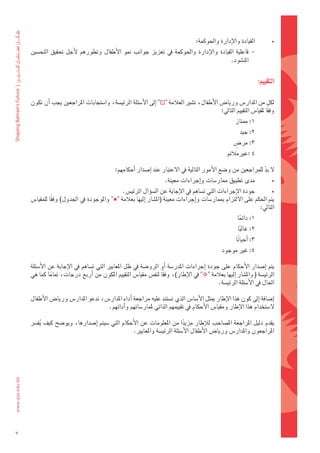‫القيادة	والإدارة	واحلوكمة:‬           ‫•‬
    ‫-			فاعلية	 القيادة	 والإدارة	 واحلوكمة	 يف	 تعزيز	 جوانب	 منو	 الأطفال	 وتطورهم	 لأجل	 حتقيق	 التح�ضني	‬            ‫	‬
                                                                                              ‫املن�ضود.‬


                                                                                                                 ‫التقييم:‬

    ‫لكل	من	املدار�س	وريا�س	الأطفال،	ت�ضري	العالمة	"‪ "‬اإىل	الأ�ضئلة	الرئي�ضة،	وا�ضتجابات	املراجعني	يجب	اأن	تكون	‬
                                                                                           ‫وفقا	ملقيا�س	التقييم	التايل:‬
                                                                                                                    ‫ً‬
                                                                                                    ‫1:	ممتاز‬
                                                                                                      ‫2:	جيد‬
                                                                                                    ‫ٍ‬
                                                                                                   ‫3:	مر�س‬
                                                                                                ‫4	:غريمالئم‬

                                            ‫ل	بد	للمراجعني	من	و�ضع	الأمور	التالية	يف	العتبار	عند	اإ�ضدار	اأحكامهم:‬
                                                                                                              ‫َّ‬
                                                                   ‫مدى	تطبيق	ممار�ضات	واإجراءات	معينة.‬                 ‫•‬
                                            ‫جودة	الإجراءات	التي	ت�ضاهم	يف	الإجابة	عن	ال�ضوؤال	الرئي�س.‬           ‫•‬
    ‫يتم	احلكم	على	اللتزام	مبمار�ضات	واإجراءات	معينة	(امل�ضار	اإليها	بعالمة	"‪ "‬واملوجودة	يف	اجلدول)	وفقا	للمقيا�س	‬
               ‫ً‬
                                                                                                           ‫التايل:‬
                                                                                                     ‫1:	دائما‬
                                                                                                      ‫ً‬
                                                                                                     ‫2:	غالبا	‬
                                                                                                       ‫ً‬
                                                                                                    ‫3:	اأحيانا‬
                                                                                                     ‫ً‬
                                                                                              ‫4:	غري	موجود‬

    ‫يتم	 اإ�ضدار	الأحكام	على	جودة	 اإجراءات	املدر�ضة	 اأو	الرو�ضة	يف	ظل	املعايري	التي	ت�ضاهم	يف	الإجابة	عن	الأ�ضئلة	‬
    ‫الرئي�ضة	(	وامل�ضار	اإليها	بعالمة	"‪ "‬يف	الإطار)،	وفقا	لنف�س	مقيا�س	التقييم	املكون	من	اأربع	درجات،	متاما	كما	هي	‬
               ‫ً‬                                                ‫ً‬
                                                                                          ‫احلال	يف	الأ�ضئلة	الرئي�ضة.‬

    ‫اإ�ضافة	اإىل	كون	هذا	الإطار	ميثل	الأ�ضا�س	الذي	ت�ضتند	عليه	مراجعة	اأداء	املدار�س،	ندعو	املدار�س	وريا�س	الأطفال	‬
                                    ‫ل�ضتخدام	هذا	الإطار	ومقيا�س	الأحكام	يف	تقييمهم	الذاتي	ملمار�ضاتهم	واأدائهم.	‬

    ‫يقدم	دليل	املراجعة	امل�ضاحب	لالإطار	مزيدا	من	املعلومات	عن	الأحكام	التي	�ضيتم	 اإ�ضدارها،	ويو�ضح	كيف	يف�رش	‬
         ‫ُ‬                                                                 ‫ً‬
                                                  ‫املراجعون	واملدار�س	وريا�س	الأطفال	الأ�ضئلة	الرئي�ضة	واملعايري.‬




‫7‬
 