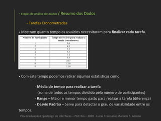 Pós-Graduação Ergodesign de interfaces – PUC Rio – 2010 - Lucas Trevisan e Marcelo R. Alonso Etapas de Análise dos Dados  / Resumo dos Dados Tarefas Cronometradas •   Mostram quanto tempo os usuários necessitaram para  finalizar cada tarefa .  •   Com este tempo podemos retirar algumas estatísticas como: -  Média do tempo para realizar a tarefa   (soma de todos os tempos dividido pelo número de participantes) -  Range  – Maior e menor tempo gasto para realizar a tarefa (diferença) -  Desvio Padrão  – Serve para detectar o grau de variabilidade entre os tempos. 