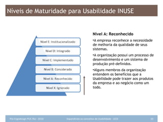 Níveis de Maturidade para Usabilidade INUSE Nível A: Reconhecido A empresa reconhece a necessidade de melhoria da qualidade de seus sistemas.  A organização possui um processo de desenvolvimento e um sistema de produção pré-definidos.  Alguns membros da organização entendem os benefícios que a Usabilidade pode trazer aos produtos da empresa e ao negócio como um todo. 