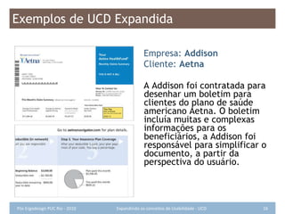Exemplos de UCD Expandida Empresa:  Addison Cliente:  Aetna A Addison foi contratada para desenhar um boletim para clientes do plano de saúde americano Aetna. O boletim incluía muitas e complexas informações para os beneficiários, a Addison foi responsável para simplificar o documento, a partir da perspectiva do usuário. 
