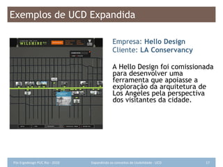 Exemplos de UCD Expandida Empresa:  Hello Design Cliente:  LA Conservancy A Hello Design foi comissionada para desenvolver uma ferramenta que apoiasse a exploração da arquitetura de Los Angeles pela perspectiva dos visitantes da cidade. 