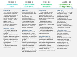 ANOS 1-2 Demonstrando Valor ANOS 2-4 Capitalizando no Sucesso ANOS 3-6 Formalizando Processos ANOS 4-10 Expandindo UCD  na organização COMO ESTÁ 1 a 2 testes de usabilidade com resultados publicaos 1 pessoa fazendo testes de usabilidade, 1 champion, usando pessoas da própria equipe, parentes e amigos para os testes Provavelmente sem orçamento específico para testes de usabilidade PRÓXIMOS PASSOS Faça aliados na empresa: consiga apoios para novos projetos Divulgue internamente o que você está fazendo e como isso pode ser aplicado a outros produtos e departamentos Ofereça seus serviços para outros setores Capacite-se Crie uma estratégia e um estudo de caso COMO ESTÁ Testes de usabilidade são programados algumas vezes por ano Mais recursos para usabilidade devido a crescimento da demanda Pequeno orçamento já reservado para os testes Busca por espaço para ser utilizado como centro de testes de usabilidade PRÓXIMOS PASSOS Construa relacionamento duradouros com o maior número possíveis de grupos responsáveis por produtos e faça pesquisas diretamente para eles Divulgue internamente sucessos ofereças cursos para que as equipes possam fazer suas próprias pesquisas Utilize usuários reais nos testes Realize testes em diferentes fases de um mesmo projeto COMO ESTÁ A organização já sabe que existem profissionais de usabilidade na empresa Alguns grupos responsáveis por produtos realizam testes regularmente Existe orçamento para manter equipe dedicada, equipamento e espaço para testes São feitas pesquisas de campo e análise da tarefa Projetos de usabilidade já demonstraram retorno sobre investimento (ROI) PRÓXIMOS PASSOS Trabalhe com equipes de produtos e TI para realizar testes durante todo o processo de desenvolvimento Crie programas de treinamentos internos Demande maior orçamento Realize testes com observadores de outras áreas COMO ESTÁ A organização valoriza design centrado no usuário e é bem sucedida em satisfazer a experiência do cliente Pesquisa e testes são considerados etapas padrões do processo de desenvolvimento Financiamento é feito alinhado a inicitativas de P&D e pesquisas de marketing PRÓXIMOS PASSOS Aumente sua capacitação Padronize processos Aumente o escopo das pesquisas Analise todo o processo de interação do usuário da perspectiva da usabilidade Busque aumentar o orçamento da sua área Organize conferências internas sobre design centrado no usuário 