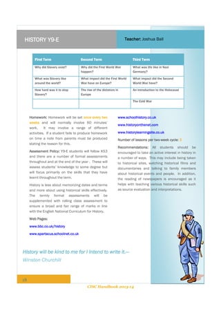 HISTORY Y9-E

Teacher: Joshua Ball

First Term

Second Term

Third Term

Why did Slavery exist?

Why did the First World War
happen?

What was life like in Nazi
Germany?

What was Slavery like
around the world?

What impact did the First World
War have on Europe?

What impact did the Second
World War have?

How hard was it to stop
Slavery?

The rise of the dictators in
Europe

An introduction to the Holocaust
The Cold War

Homework: Homework will be set once every two
weeks and will normally involve 60 minutes’
work.
It may involve a range of different
activities. If a student fails to produce homework
on time a note from parents must be produced
stating the reason for this.
Assessment Policy: Y9-E students will follow KS3
and there are a number of formal assessments
throughout and at the end of the year . These will
assess students’ knowledge to some degree but
will focus primarily on the skills that they have
learnt throughout the term.
History is less about memorizing dates and terms
and more about using historical skills effectively.
The termly formal assessments will be
supplemented with rolling class assessment to
ensure a broad and fair range of marks in line
with the English National Curriculum for History.

www.schoolhistory.co.uk
www.historyonthenet.com
www.historylearningsite.co.uk
Number of lessons per two-week cycle: 3
Recommendations: All students should be
encouraged to take an active interest in history in
a number of ways. This may include being taken
to historical sites, watching historical films and
documentaries and talking to family members
about historical events and people. In addition,
the reading of newspapers is encouraged as it
helps with teaching various historical skills such
as source evaluation and interpretations.

Web Pages:
www.bbc.co.uk/history
www.spartacus.schoolnet.co.uk

History will be kind to me for I Intend to write it.—
Winston Churchill

18
CISC Handbook 2013-14

 