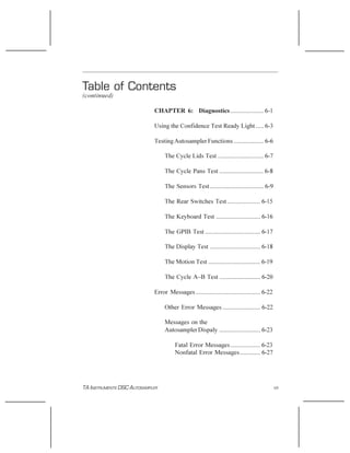 TA INSTRUMENTS DSC AUTOSAMPLER VII
Table of Contents
(continued)
CHAPTER 6: Diagnostics..................... 6-1
Using the...