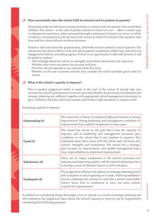  How successfully does the school fulfil its mission and its promise to parents?
    All schools make an informal or formal promise or contract with the parents who enroll their
    children. The school – in the case of private schools in return for a fee – offers a certain type
    of educational experience, often expressed through a statement of mission or vision, in which
    it makes a commitment to parents and to the society in which it is located. This question asks
    how well the school delivers on these promises.

    Evidence will come from the questionnaire, which the school is asked to send to parents. The
    school may also have evidence of its own about parents’ satisfaction, which may come from its
    engagement with an accrediting agency. If there is an opportunity to talk with parents, it will
    be useful to explore:
    - Their feelings about the school, its strengths and features that need to be improved;
    - Whether their views are taken into account and how;
    - How the school responds to any concerns that they have;
    - Whether, in the case of private schools, they consider the school provides good value for
       money.

 What is the school’s capacity to improve?

    This is another judgement which is made at the end of the review. It should take into
    account the school’s performance in recent years and whether the processes of evaluation and
    strategic planning are sufficient, together with appropriate school management structures, to
    give confidence that the school can sustain and enhance high standards or improve itself.

Evaluating capacity to improve


                                 The school has a history of sustained high performance or strong
Outstanding (1)                  improvement. Strong leadership and management contribute to
                                 improvement that could be exceptional in some cases.

                                 The school has shown in the past that it has the capacity to
                                 improve, and its leadership and management processes give
                                 confidence to the school that it can continue to improve. The
Good (2)                         leadership share their vision with the whole staff and know the
                                 school’s strengths and weaknesses. The school has a strategic
                                 plan focused on improvement, and middle management have
                                 clear responsibilities to implement improvement.

                                 There are no major weaknesses in the school’s processes for
Satisfactory (3)                 assuring and improving quality, and the school’s planning refers
                                 to having a sense of direction based on self-evaluation.

                                 This judgement is likely in the absence of strategic planning, and if
                                 self-evaluation is only beginning or is weak. Staff responsibilities
Inadequate (4)                   may be confusing and unclear in a way that a person responsible
                                 doesn’t know how to implement or carry out some actions
                                 required for improvement.


In addition to considering things that might occur in schools as a result of strategic planning and
self-evaluation, the judgement taken about the school’s capacity to improve can be supported by
considering this following question:

                                                                                                         31
 