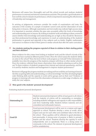 Reviewers will assess how thoroughly and well the school records and analyses students’
         performance in external and internal examinations and tests. This provides a good indication of
         how well the school evaluates its performance, which is important in assessing the effectiveness
         of leadership and management.


         In arriving at judgements, reviewers consider the results of examinations and tests, the
         outcomes of the scrutiny of a sample of students’ current work and the observation of work
         being done in lessons. Although examination and test results may indicate high success rates,
         it is important to ascertain whether the pass rates accurately reflect the levels of knowledge
         and understanding seen in lessons. By looking at students’ work and talking to them, reviewers
         assess whether their knowledge and understanding are as high as they should be. Reviewers
         use their professional knowledge and experience to reach an understanding of the students’
         performance in general and especially in key subjects such as Arabic, English, mathematics
         and science in relation to that of their peers in similar schools that offer the same curriculum.


      Are students making the progress expected of them in relation to their starting points
         and their abilities?

        Direct evidence for this comes from looking at students’ work and the school’s records of the
        levels they have reached at different points in time. Does the school assess the students’ ability
        on entry to the school? Does the level of their work progress as it should? If the information is
        available, how does the progress of the students compare with those in other similar schools?
        Does the evidence collected from lesson observation show students attaining as well as they
        can? Is there evidence of student’s progress from internal and external assessments, and how
        is it used by students, teachers and management to improve student performance?

        Reviewers will gauge the progress students are making and how well they are learning in lessons.
        Are they acquiring skills and understanding, as well as knowledge? Are they developing higher
        order thinking skills and the capacity to work well in groups and on their own? Evidence of
        progress in learning will come from the observation of lessons in a wide range of subjects, not
        solely the ‘core’ subjects.

      How good is the students’ personal development?

     Evaluating students’ personal development


                                     Students’ personal development will be at least good in all criteria
                                     and the majority of criteria will be outstanding or exemplary,
     Outstanding (1)                 including students’ willingness and capacity to take responsibility
                                     and show leadership skills. Students behave maturely and are
                                     committed and enthusiastic learners.
                                     Good personal development will be seen in a mature and eager
                                     approach to school. Students develop a sense of worth, show
                                     respect and care for each other and contribute fully to the life of
                                     the school. These qualities will be reflected in good attendance
     Good (2)                        and punctuality. A strong sense of purpose is likely to pervade
                                     lessons and the school. Students develop the capacity to work
                                     independently and co-operatively. There is a strong sense of
                                     community in the school. No element of personal development
                                     will be unsatisfactory.

34
 