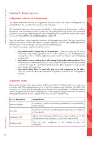Section 2 - Kindergartens

     Judgements in the Review Framework
     The review framework sets out the judgements that are made in the review. Kindergartens are
     asked to follow the same framework in their self-evaluation.

     The framework focuses on the outcomes for children - their growth and development - and the
     factors that most contribute to them: in particular, the quality of teaching and the effectiveness of
     governance, leadership and management. The overarching questions that the framework seeks to
     answer are ‘How effective is the kindergarten and why?’

     Some factors have a more immediate impact on achievement than others. Teaching has a direct
     impact on children – the way they behave, how much they learn and how they develop. The quality
     of leadership also bears strongly on the success of the kindergarten.
     The Framework requires judgements at three levels:

             1. Judgements which answer the main questions. These are shown by ‘’ in the
                framework. They include questions such as ‘How effective is the kindergarten in
                meeting the needs of children and their parents?’ and ‘How effective are the teaching
                and learning?’
             2. Judgements relating to the criteria which contribute to the main questions. These
                are shown by ‘’ in the framework. The criteria are expressed as the standards expected
                and reviewers judge the extent to which they are met. These judgements help towards
                answering the main questions.
             3. Judgements about how far particular practices and procedures are in place.
                These are shown by ‘’ in the framework and provide an audit of the kindergarten’s
                practices.


     Judgement Scales
     Judgements relating to the main questions and the criteria that contribute to them are made on a
     four-point scale. This guidance is about how to pitch the judgements on this scale. It should not be
     interpreted as a set of rules. For example, where there are minor weaknesses in otherwise good or
     outstanding provision, reviewers must judge how much weight is to be given to those weaknesses
     in the particular circumstances. In general, the scale should be interpreted as:


     Grade description             Interpretation

                                   Outcomes or provision are at least good in all areas and outstanding
     Outstanding (1)
                                   in the majority.

                                   Outcomes or provision are at least satisfactory in all areas and good
     Good (2)
                                   in the majority.

                                   A basic level of adequacy. There are no major weaknesses, or the
     Satisfactory (3)
                                   majority of areas are satisfactory. Some areas may be good.

                                   There are major weaknesses or the majority of areas are
     Inadequate (4)
                                   inadequate.




52
 