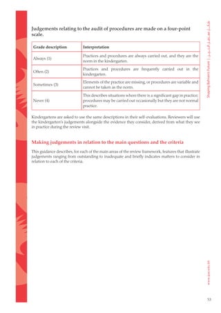 Judgements relating to the audit of procedures are made on a four-point
scale.

Grade description             Interpretation

                              Practices and procedures are always carried out, and they are the
Always (1)
                              norm in the kindergarten.
                              Practices and procedures are frequently carried out in the
Often (2)
                              kindergarten.
                              Elements of the practice are missing, or procedures are variable and
Sometimes (3)
                              cannot be taken as the norm.
                              This describes situations where there is a significant gap in practice;
Never (4)                     procedures may be carried out occasionally but they are not normal
                              practice.

Kindergartens are asked to use the same descriptions in their self-evaluations. Reviewers will use
the kindergarten’s judgements alongside the evidence they consider, derived from what they see
in practice during the review visit.


Making judgements in relation to the main questions and the criteria
This guidance describes, for each of the main areas of the review framework, features that illustrate
judgements ranging from outstanding to inadequate and briefly indicates matters to consider in
relation to each of the criteria.




                                                                                                        53
 