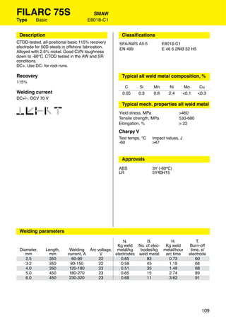 FILARC 75S                              SMAW
Type      Basic                       E8018-C1


 Description                                         Classiﬁcations
CTOD-tested, all-positional basic 115% recovery     SFA/AWS A5.5            E8018-C1
electrode for 50D steels in offshore fabrication.   EN 499                  E 46 6 2NiB 32 H5
Alloyed with 2.5% nickel. Good CVN toughness
down to -60°C. CTOD tested in the AW and SR
conditions.
DC+. Use DC- for root runs.

Recovery                                             Typical all weld metal composition, %
115%
                                                      C       Si      Mn       Ni        Mo      Cu
Welding current                                      0.05     0.3     0.8      2.4      <0.1    <0.3
DC+/-, OCV 70 V
                                                     Typical mech. properties all weld metal
12346                                               Yield stress, MPa                >460
                                                    Tensile strength, MPa            530-680
                                                    Elongation, %                    > 22
                                                    Charpy V
                                                    Test temps, °C   Impact values, J
                                                    -60              >47



                                                     Approvals
                                                    ABS              3Y (-60ºC)
                                                    LR               5Y40H15




 Welding parameters

                                                      N.         B.        H.                 T.
                                                   Kg weld No. of elec- Kg weld           Burn-off
 Diameter,     Length,       Welding Arc voltage, metal/kg   trodes/kg metal/hour          time, s/
    mm           mm         current, A    V       electrodes weld metal arc time          electrode
    2.5         350            60-90      22         0.65        83       0.73                60
    3.2         350           90-150      22         0.58        45       1.19                68
    4.0         350          120-180      23         0.51        35       1.49                68
    5.0         450          180-270      23         0.65        15       2.74                89
    6.0         450          230-320      23         0.68        11       3.62                91




                                                                                                 109
 