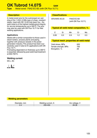 OK Tubrod 14.07S                                 SAW
Type       Metal-cored F9AZ-EC-B2 (with OK Flux 10.71)


 Description                                              Classiﬁcations
A metal-cored wire for the submerged arc wel-            SFA/AWS A5.23           F9AZ-EC-B2
ding of the 1.25Cr 0.5Mo type of creep- resistant
                                                                                 (with OK Flux 10.71)
steels. Used with OK 10.63 fully basic ﬂux , the
weld metal is of the highest metallurgical integrity
for service temperatures up to 500°C. The wire
may also be used with OK Flux 10.71 for ﬁllet             Typical all weld metal composition, %
welding applications.
                                                            C        Si          Mn       Cr       Mo
Applications                                               0.06      0.5         0.9      1.2      0.5
Steels with a similar composition to those used in
steam boilers, process plants and piping,
                                                          Typical mech. properties all weld metal
together with pressure vessels in the power
generation industry. This product has been suc-          Yield stress, MPa                620
cessfully used in tube-to-ﬁn applications with OK        Tensile strength, MPa            700
Flux 10.71.
                                                         Elongation, %                    26
Preheating dependent on thickness up to 300°C
is essential, followed by post-weld heat treatment
at 650-700°C.

Welding current
DC+, AC


12                                                        Approvals




 Welding parameters

          Diameter, mm                     Welding current, A                    Arc voltage, V
              2.4                              250-450                               28-38




                                                                                                        125
 