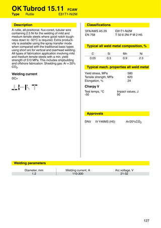 OK Tubrod 15.11                           FCAW
Type      Rutile                     E81T1-Ni2M


 Description                                             Classiﬁcations
A rutile, all-positional, ﬂux-cored, tubular wire       SFA/AWS A5.29           E81T1-Ni2M
containing 2.5 Ni for the welding of mild and           EN 758                  T 50 6 2Ni P M 2 H5
medium tensile steels where good notch tough-
ness down to -50°C is required. Extra producti-
vity is available using the spray transfer mode
when compared with the traditional basic types           Typical all weld metal composition, %
using short arc for vertical and overhead welding.
All types of fabrication application involving mild         C            Si          Mn             Ni
and medium tensile steels with a min. yield                0.05          0.3         0.9            2.3
strength of 510 MPa. This includes shipbuilding
and offshore fabrication. Shielding gas: Ar + 20%
CO2.                                                     Typical mech. properties all weld metal

Welding current                                         Yield stress, MPa                  580
DC+                                                     Tensile strength, MPa              620
                                                        Elongation, %                      24

1346                                                    Charpy V
                                                        Test temps, °C           Impact values, J
                                                        -50                      95




                                                         Approvals

                                                        DNV    IV Y46MS (H5)            Ar/20%CO2




 Welding parameters

          Diameter, mm                    Welding current, A                    Arc voltage, V
              1.2                             110-300                               21-32




                                                                                                          127
 