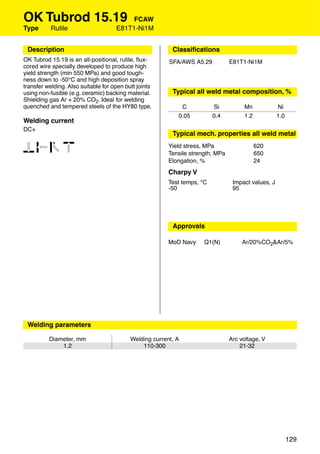 OK Tubrod 15.19                           FCAW
Type       Rutile                    E81T1-Ni1M


 Description                                              Classiﬁcations
OK Tubrod 15.19 is an all-positional, rutile, ﬂux-       SFA/AWS A5.29           E81T1-Ni1M
cored wire specially developed to produce high
yield strength (min 550 MPa) and good tough-
ness down to -50°C and high deposition spray
transfer welding. Also suitable for open butt joints
using non-fusible (e.g. ceramic) backing material.        Typical all weld metal composition, %
Shielding gas Ar + 20% CO2. Ideal for welding
quenched and tempered steels of the HY80 type.               C            Si          Mn             Ni
                                                            0.05          0.4         1.2            1.0
Welding current
DC+
                                                          Typical mech. properties all weld metal

1346                                                     Yield stress, MPa
                                                         Tensile strength, MPa
                                                                                            620
                                                                                            650
                                                         Elongation, %                      24
                                                         Charpy V
                                                         Test temps, °C           Impact values, J
                                                         -50                      95




                                                          Approvals

                                                         MoD Navy     Q1(N)           Ar/20%CO2&Ar/5%




 Welding parameters

          Diameter, mm                     Welding current, A                    Arc voltage, V
              1.2                              110-300                               21-32




                                                                                                           129
 