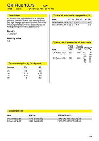 OK Flux 10.73                            SAW
Type      Basic             EN 760: SA AB 1 66 AC H5


 Description                                               Typical all weld metal composition, %
Aluminate-basic, agglomerated ﬂux, designed               Wire              C      Si   Mn Cr    Ni   Mo
primarily for the multi-wire pipe welding of mild
and high-strength pipe-steel qualities. Due to its        OK Autrod 12.24 0.06 0.3 1.1                0.5
metallurgical design, the ﬂux does not produce            OK Autrod 12.34 0.06 0.4 1.3                0.5
hard spots in pipe welding applications.

Density
≈1.1 kg/dm3

Basicity index
1.3
                                                           Typical mech. properties all weld metal
                                                                             Yield       Tensile
                                                                            stress      strength Charpy V
                                                          Wire               MPa          MPa     °C   J
                                                          OK Autrod 12.24    500         580    0      70
                                                                                                -20    50
                                                                                                -29    40
                                                          OK Autrod 12.34    525         620    0      90
                                                                                                -20    55
                                                                                                -40    35
 Flux consumption kg ﬂux/kg wire
Voltage              DC+                AC
26                    0.8                0.6
30                   1.15               0.75
34                   1.35                1.0
38                    1.5                1.3



 Approvals
Wire                    ABS        LR       DNV      BV          GL    RS          Ü       DB    VdTÜV
OK Autrod 12.24
OK Autrod 12.34




 Classiﬁcations

Wire                        EN 756                               SFA/AWS A5.23
OK Autrod 12.24             S 46 2 AB S2Mo                       F8A2-EA2-A2/F7P0-EA2-A2
OK Autrod 12.34             S 50 2 AB S3Mo                       F8A4-EA4-A4/F8P2-EA4-A4




                                                                                                      183
 