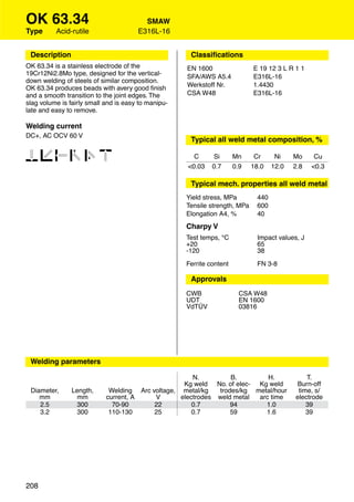 OK 63.34                                 SMAW
Type      Acid-rutile                  E316L-16


 Description                                          Classiﬁcations
OK 63.34 is a stainless electrode of the             EN 1600                 E 19 12 3 L R 1 1
19Cr12Ni2.8Mo type, designed for the vertical-       SFA/AWS A5.4            E316L-16
down welding of steels of similar composition.
                                                     Werkstoff Nr.           1.4430
OK 63.34 produces beads with avery good ﬁnish
and a smooth transition to the joint edges. The      CSA W48                 E316L-16
slag volume is fairly small and is easy to manipu-
late and easy to remove.

Welding current
DC+, AC OCV 60 V
                                                      Typical all weld metal composition, %

123456                                                 C
                                                     <0.03
                                                              Si
                                                              0.7
                                                                       Mn
                                                                       0.9
                                                                              Cr
                                                                             18.0
                                                                                     Ni
                                                                                    12.0
                                                                                           Mo
                                                                                           2.8
                                                                                                   Cu
                                                                                                  <0.3

                                                      Typical mech. properties all weld metal
                                                     Yield stress, MPa        440
                                                     Tensile strength, MPa    600
                                                     Elongation A4, %         40
                                                     Charpy V
                                                     Test temps, °C            Impact values, J
                                                     +20                       65
                                                     -120                      38

                                                     Ferrite content           FN 3-8

                                                      Approvals
                                                     CWB                 CSA W48
                                                     UDT                 EN 1600
                                                     VdTÜV               03816




 Welding parameters

                                                      N.         B.        H.                   T.
                                                   Kg weld No. of elec- Kg weld             Burn-off
 Diameter,      Length,      Welding Arc voltage, metal/kg   trodes/kg metal/hour            time, s/
    mm            mm        current, A    V       electrodes weld metal arc time            electrode
    2.5           300         70-90       22          0.7        94       1.0                   39
    3.2          300         110-130      25          0.7        59       1.6                   39




208
 